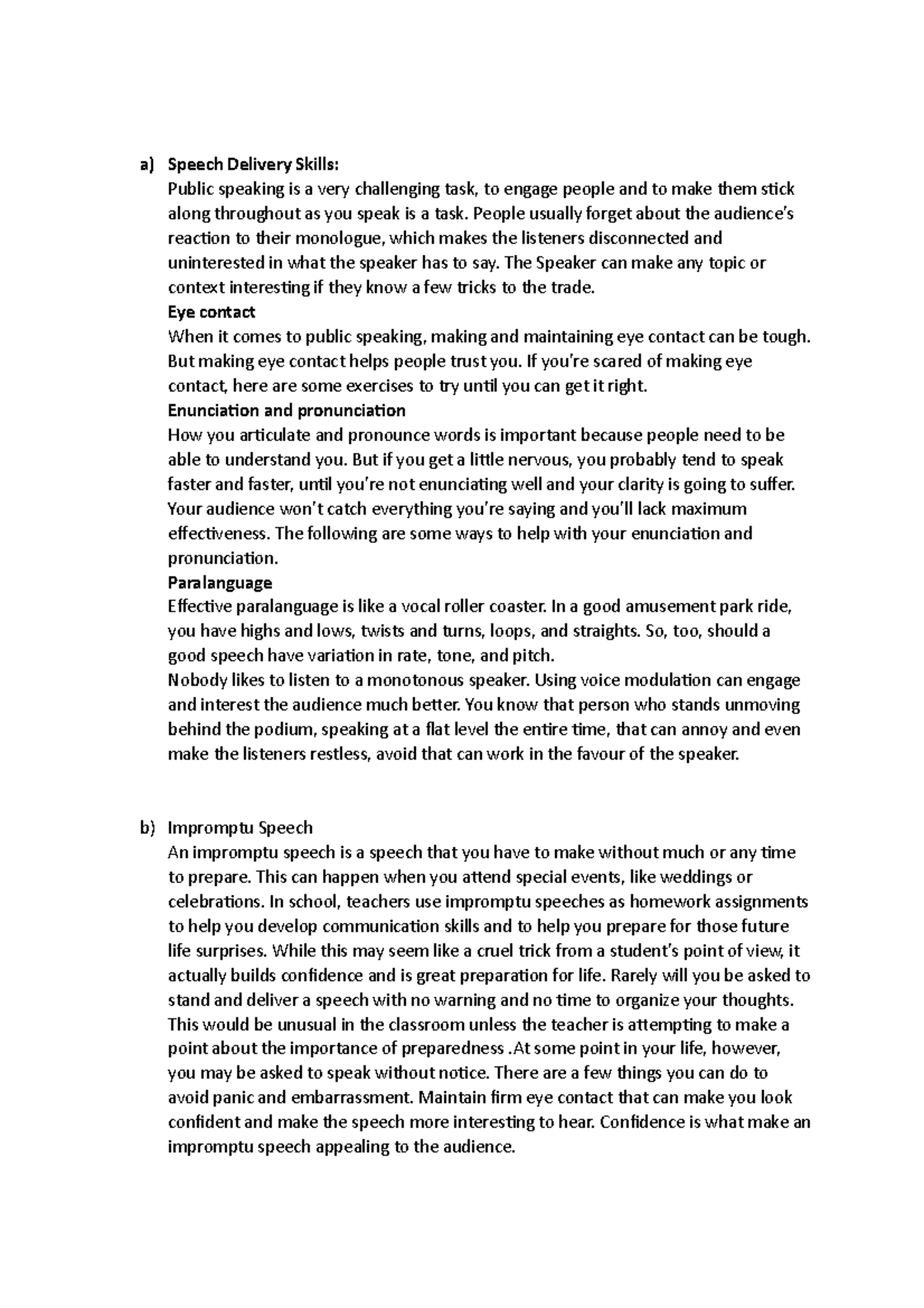Short notes - hello - a) Speech Delivery Skills: Public speaking is a ...