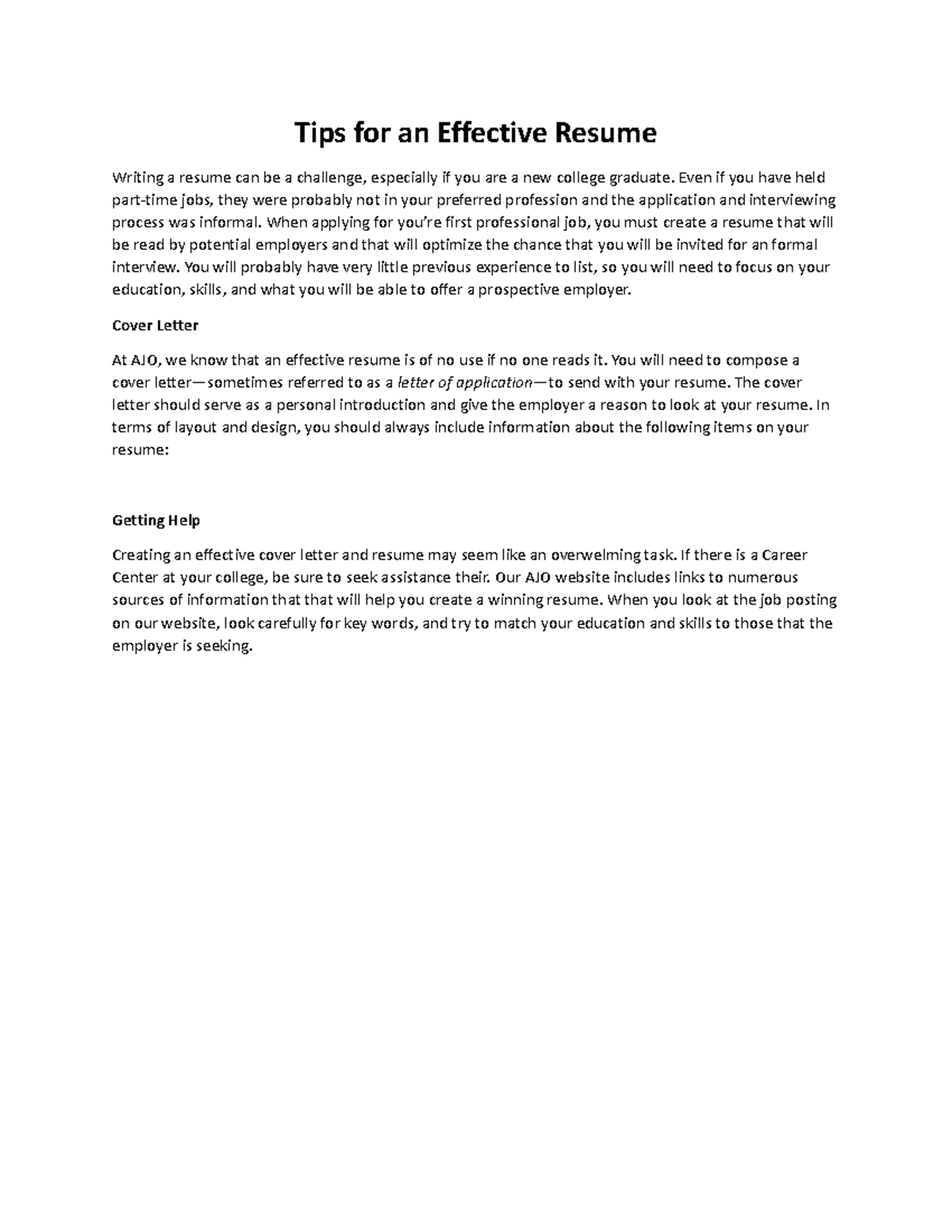W02F Resume Memo Text - worddocx - Tips for an Effective Resume Writing ...
