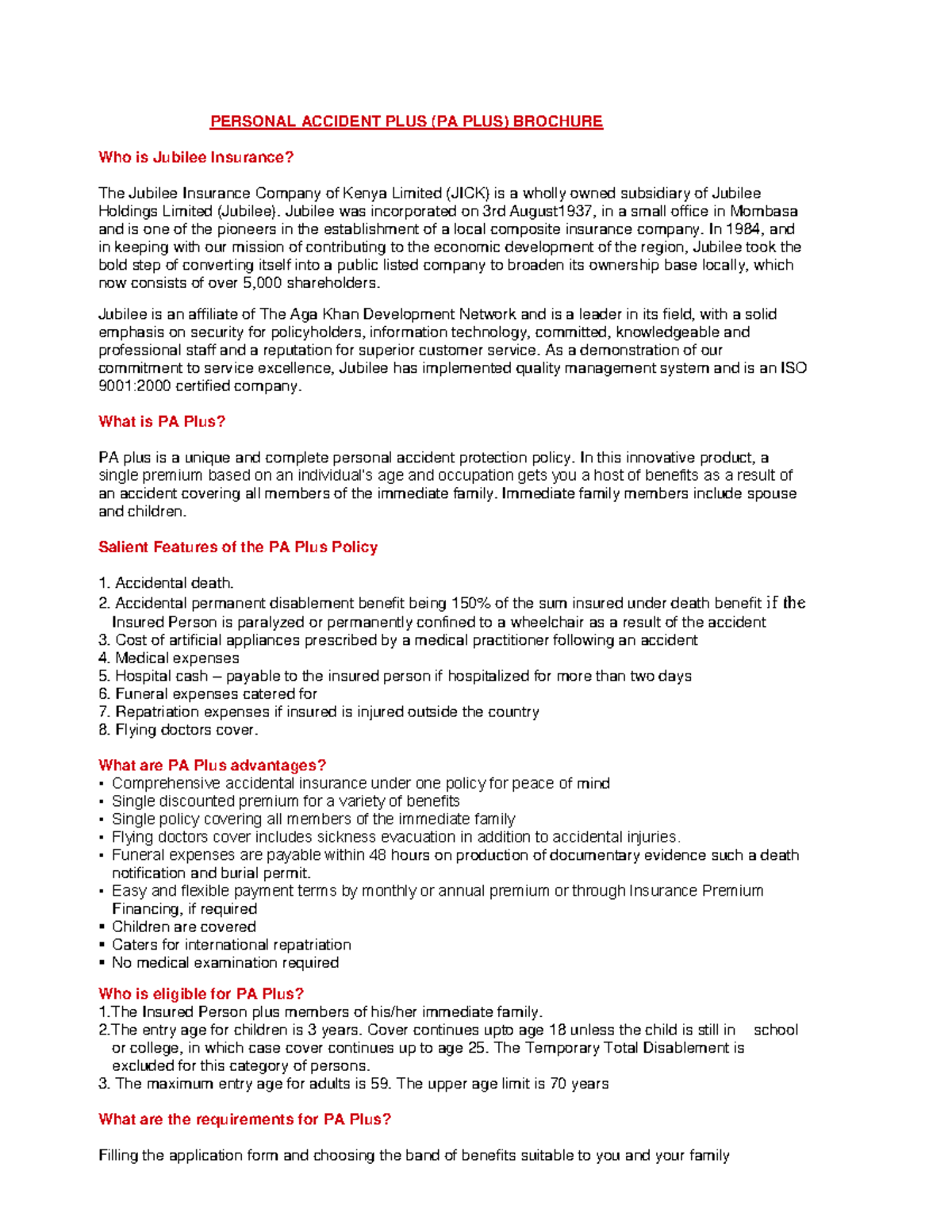 PA Plus bbm PERSONAL ACCIDENT PLUS (PA PLUS) BROCHURE Who is