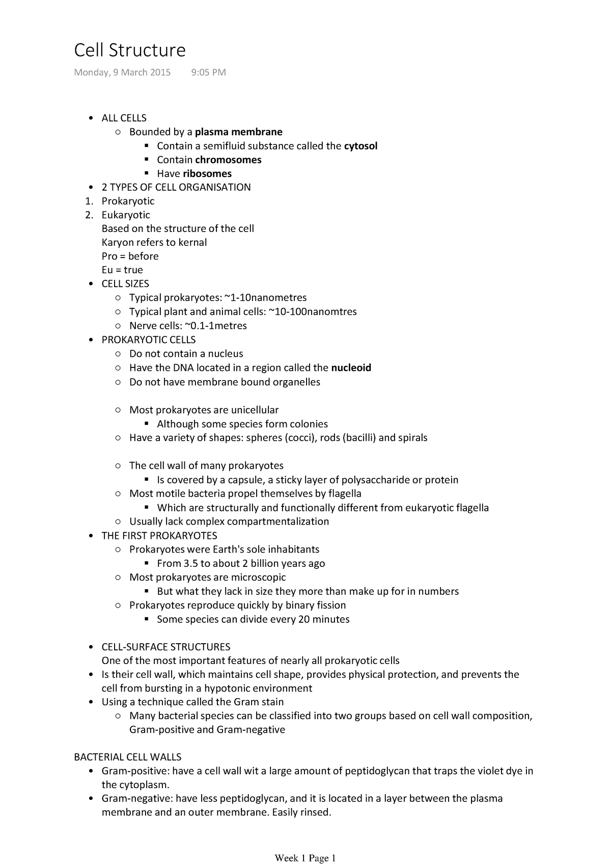 BIOL1102 Lecture Notes - Cell Structure Monday, 9 March 2015 9:05 PM ...