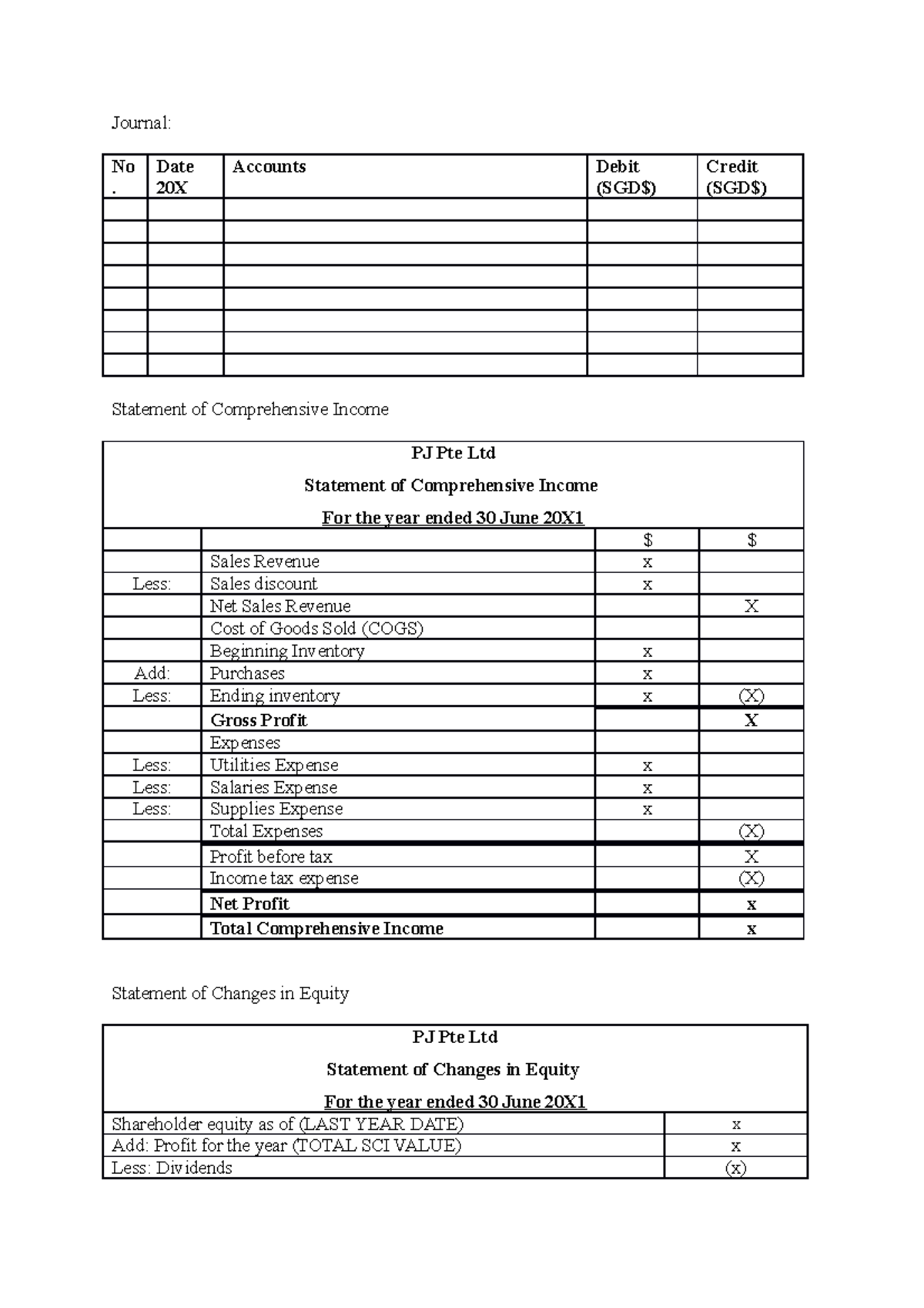 Financial statements template - Journal: No . Date 20X Accounts Debit ...