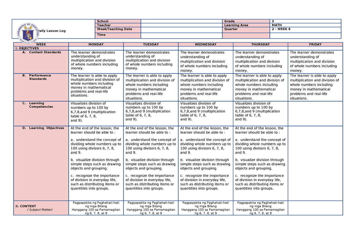 MATH - Reading materials for education. - Daily Lesson Log School Grade ...