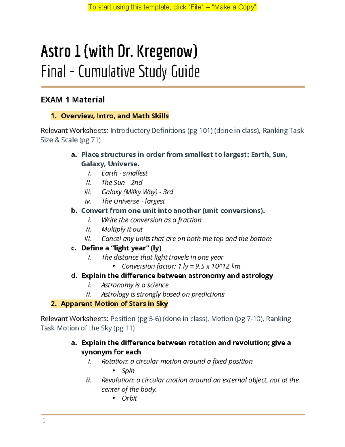 Astronomy study guide - To start using this template, click “File ...