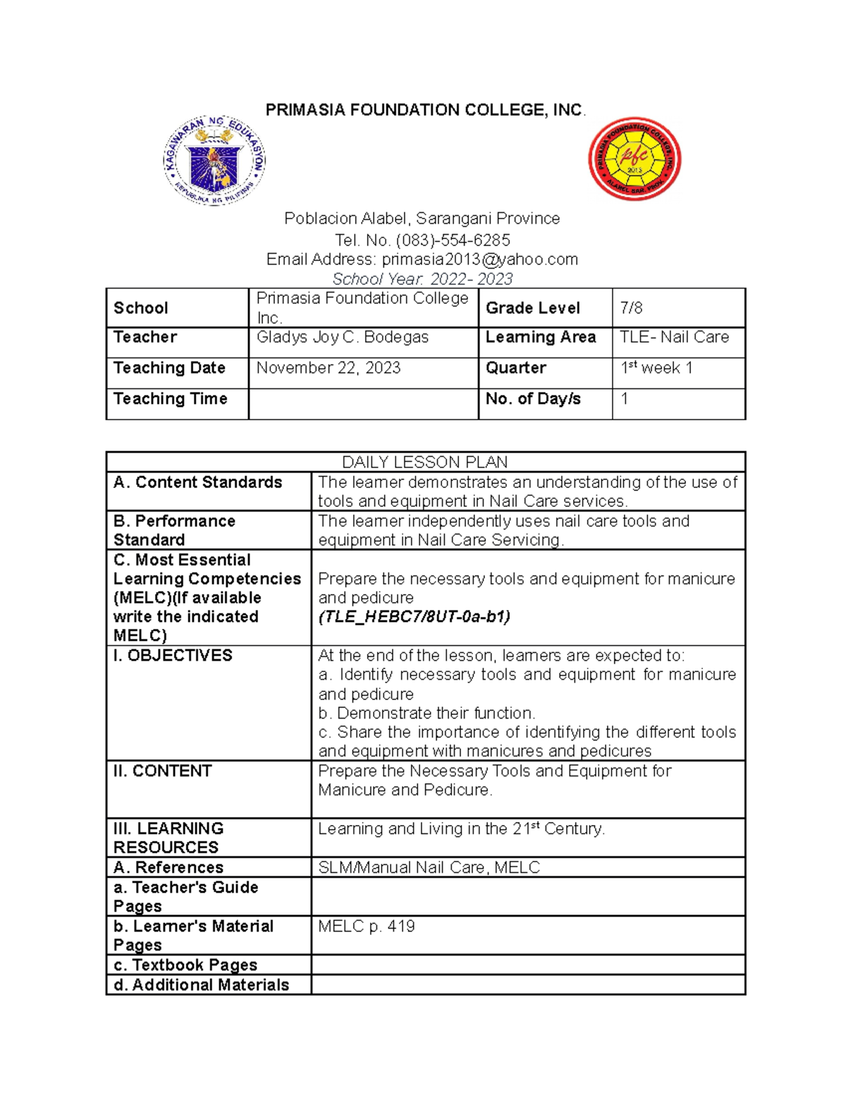 Lesson plan nail care TLE PRIMASIA FOUNDATION COLLEGE, INC