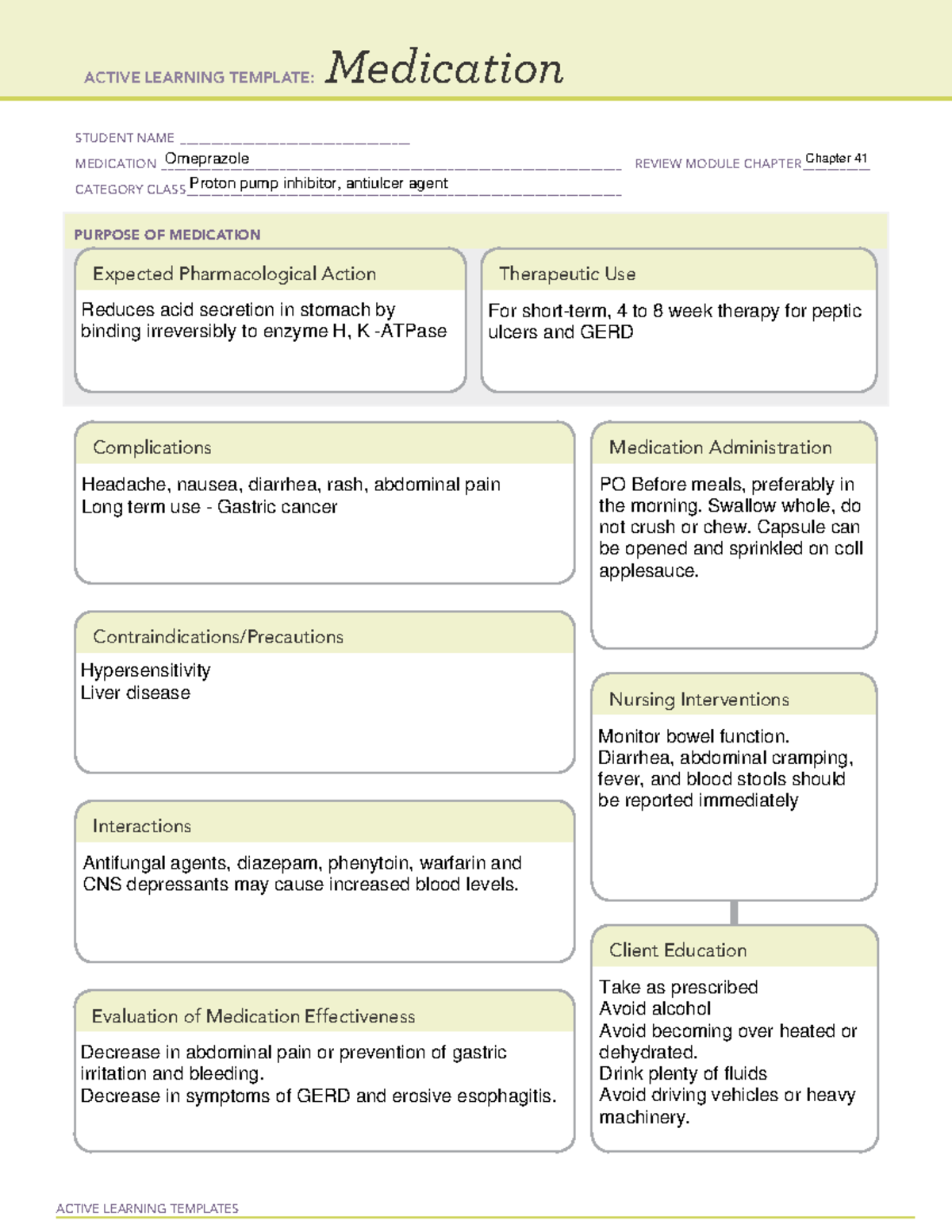 Medication restricted Omeprazole Ch 41 ACTIVE LEARNING TEMPLATES