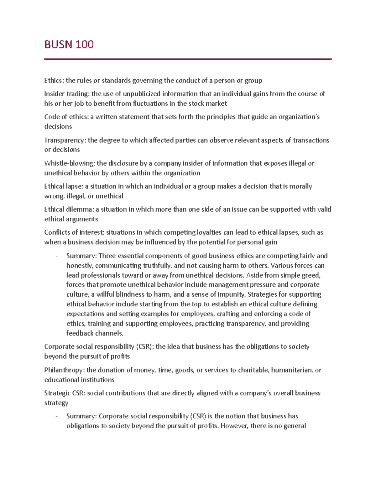 Busn 100 Chapter 4 Notes Busn 100 Ethics The Rules Or Standards Governing The Conduct Of A Busn 100 Chapter 4 Notes Busn 100 Ethics The Rules Or Standards Governing The Conduct Of A