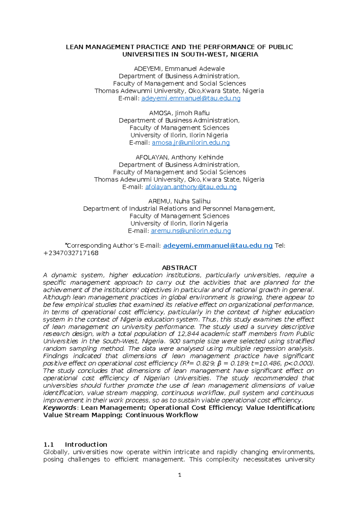 Bodyyy - ACU JOURNAL - LEAN MANAGEMENT PRACTICE AND THE PERFORMANCE OF ...