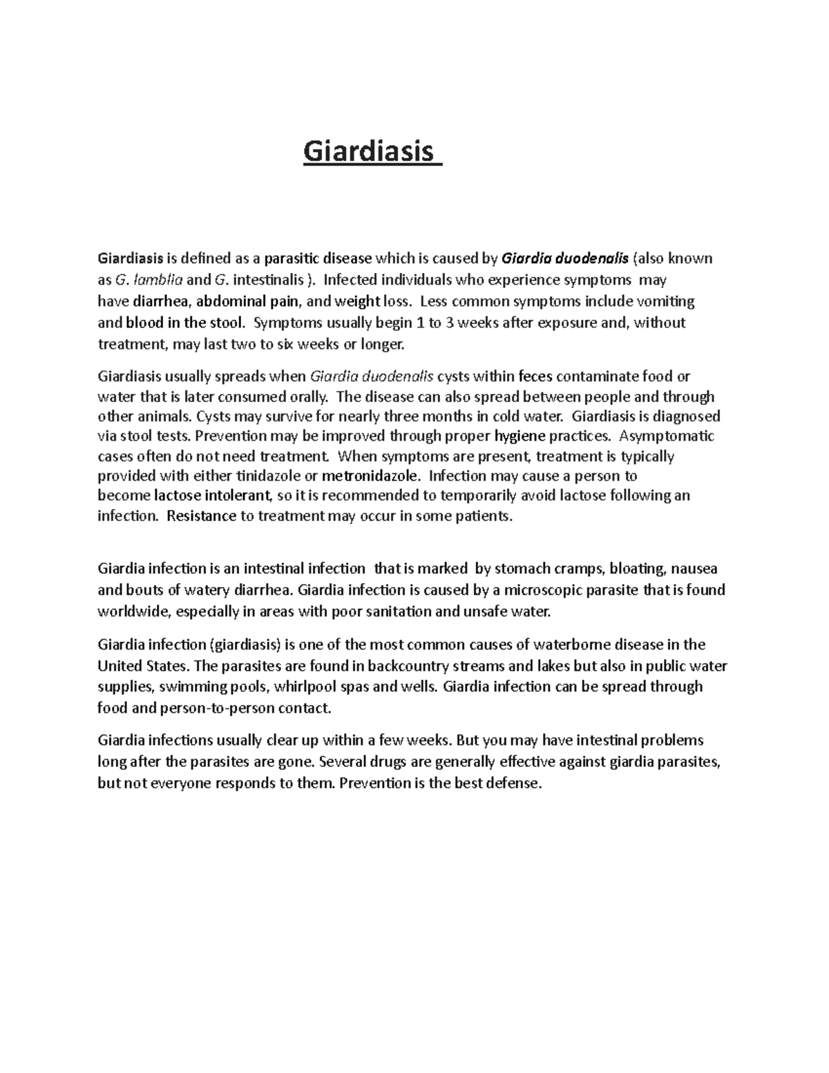Giardiasis 03 Giardiasis Giardiasis is defined as a parasitic disease