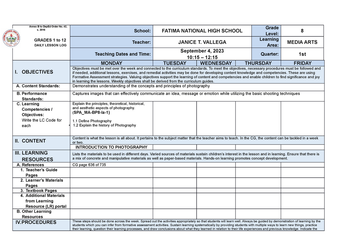 SPA8 2NDWK Monday 1ST - n/a - Annex B to DepEd Order No. 42, s. 2016 ...
