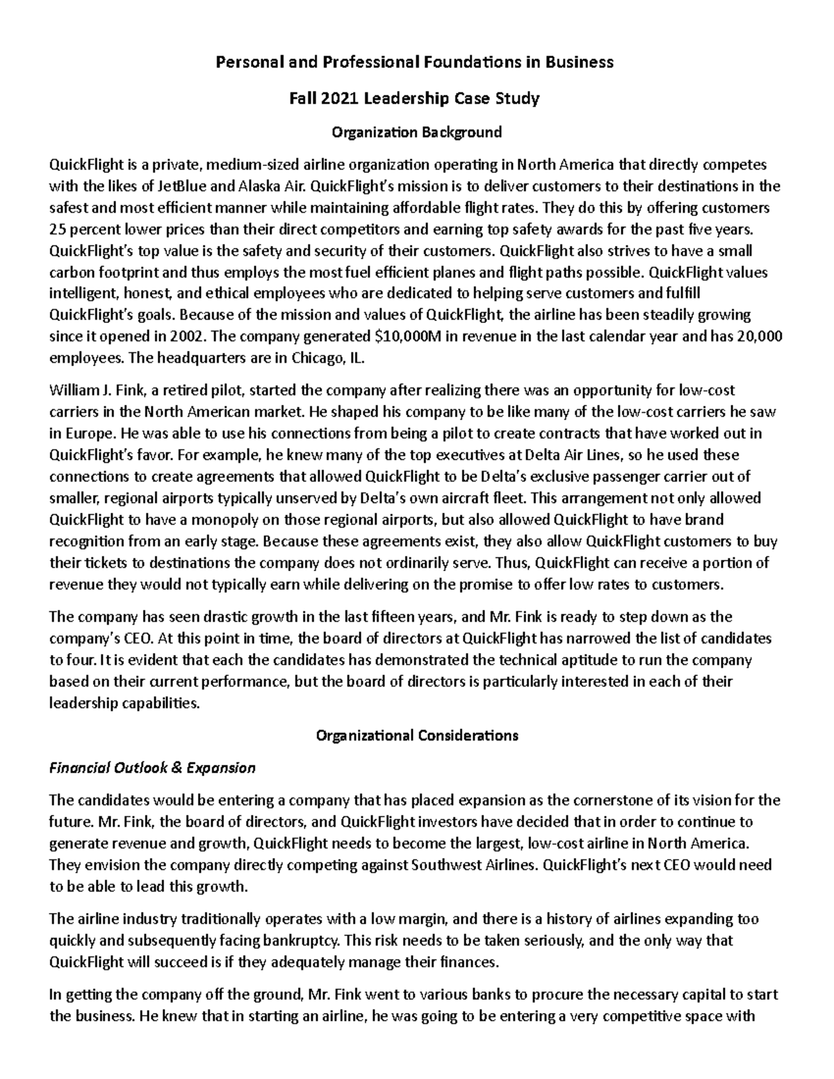 Leadership Case Study with Template FA21 - Personal and Professional ...