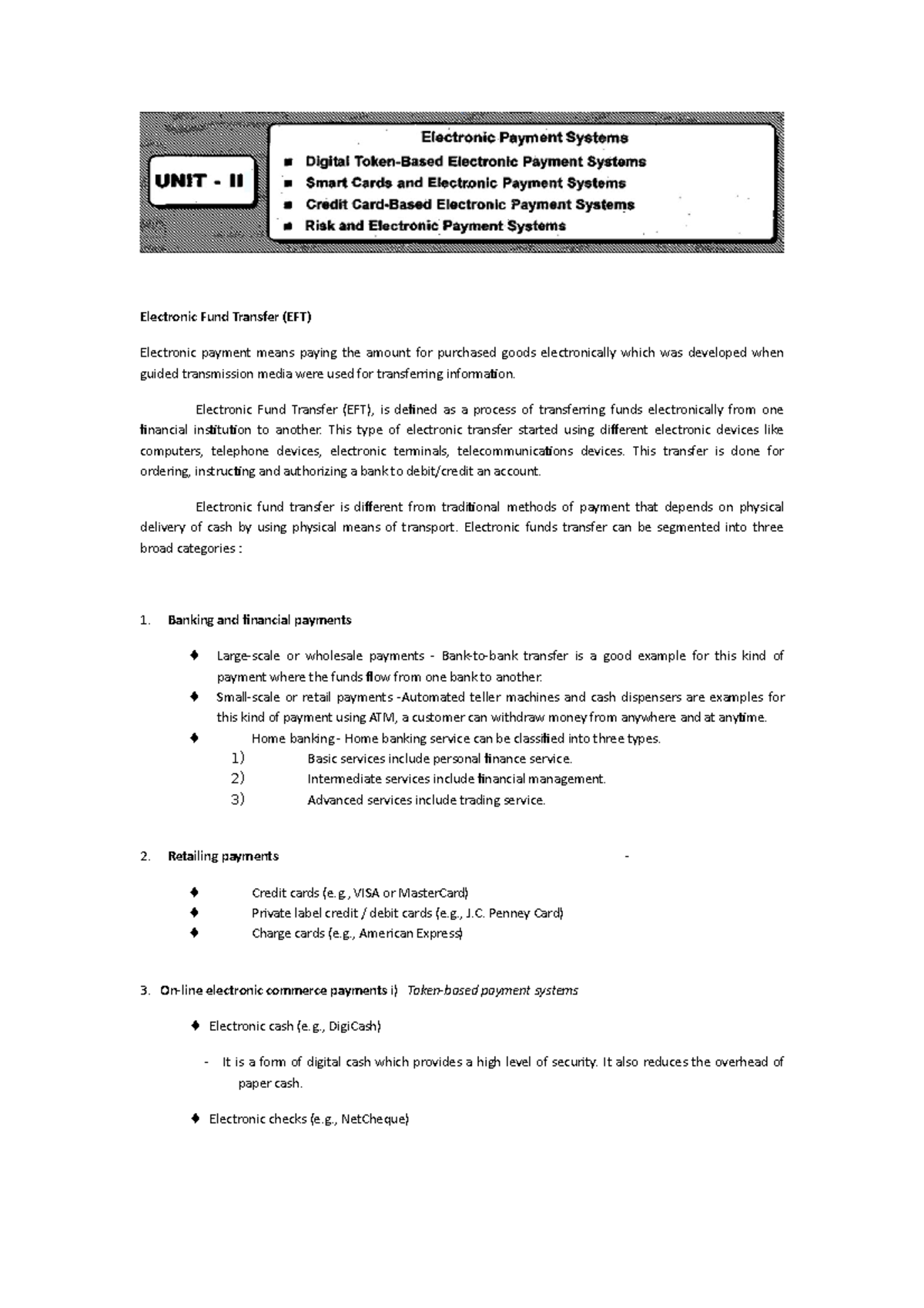 Unit 3 - aaaasasaa - Electronic Fund Transfer (EFT) Electronic payment ...