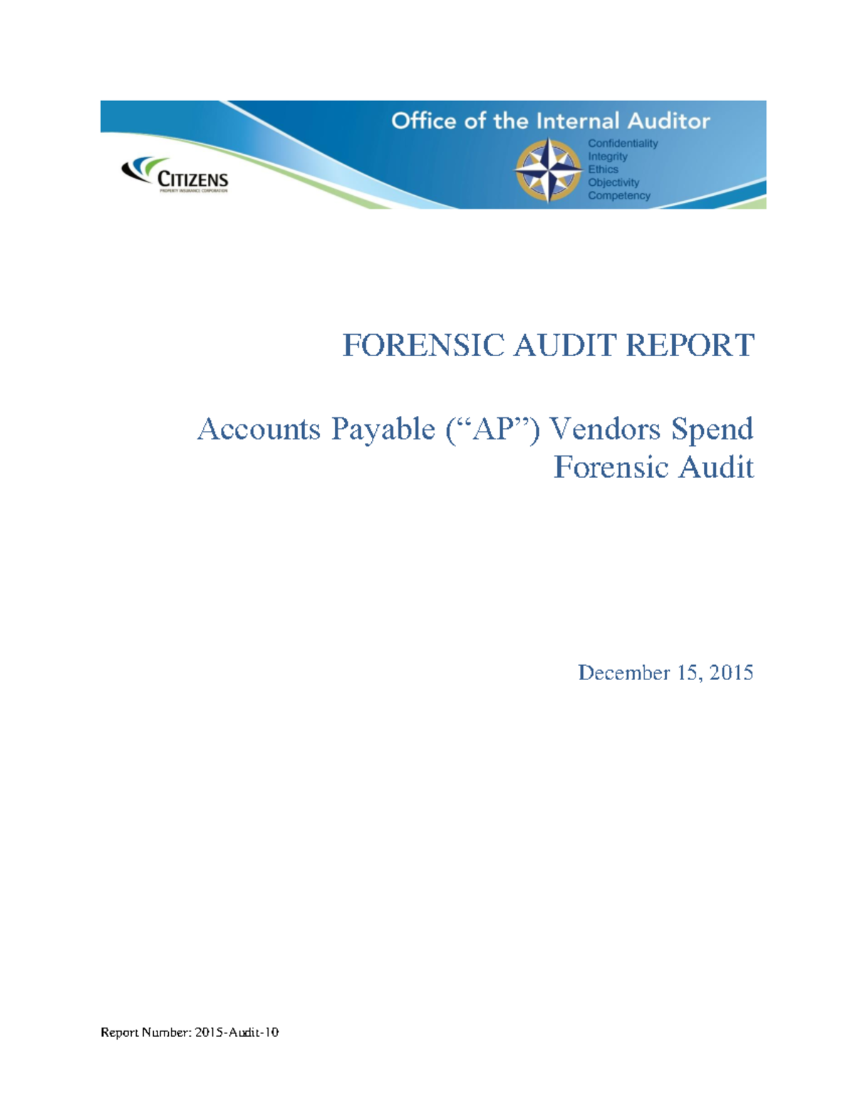 Accounts Payable Forensic Audit Report Sample - Report Number: 2015 ...