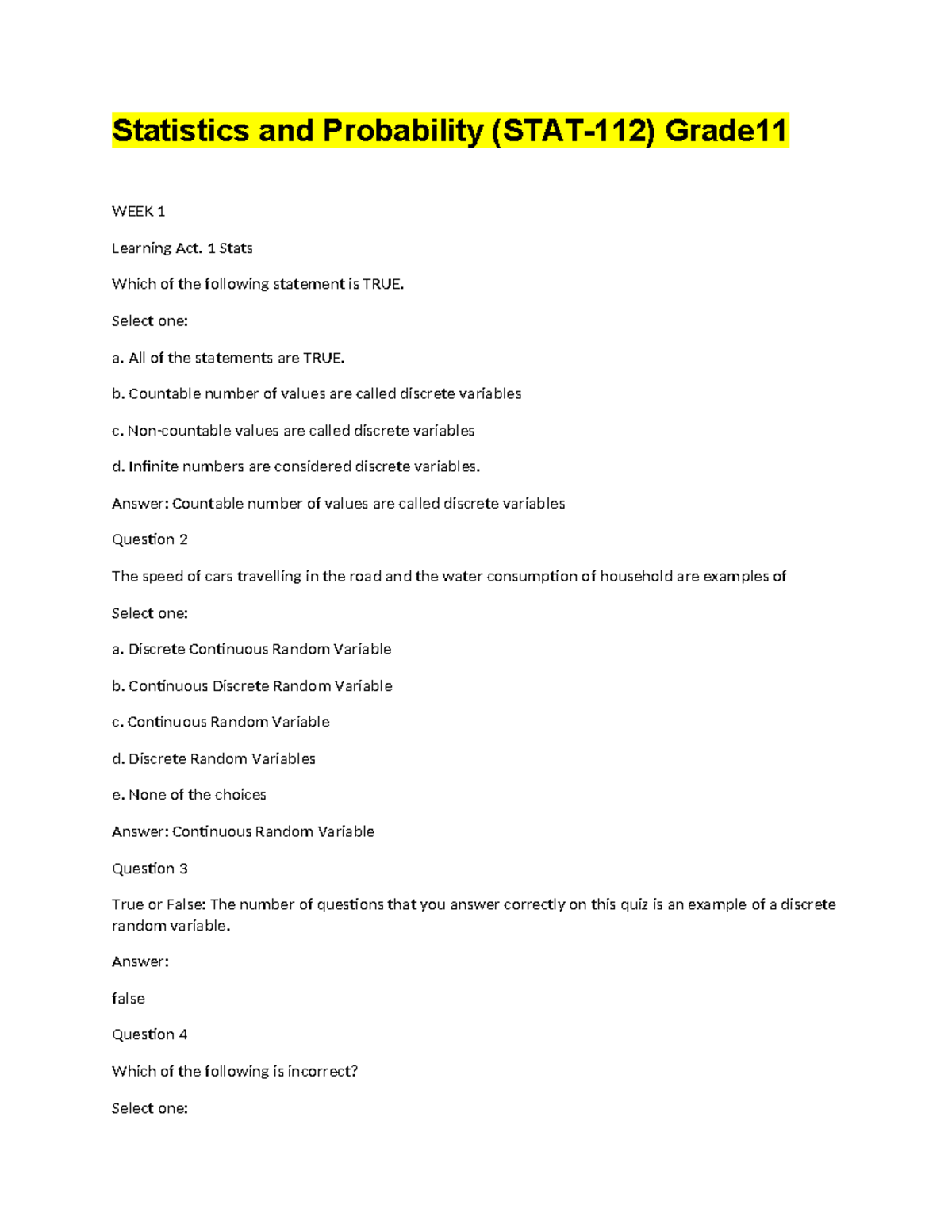 Statistics and Probability STAT 112 Grade 11 Statistics and