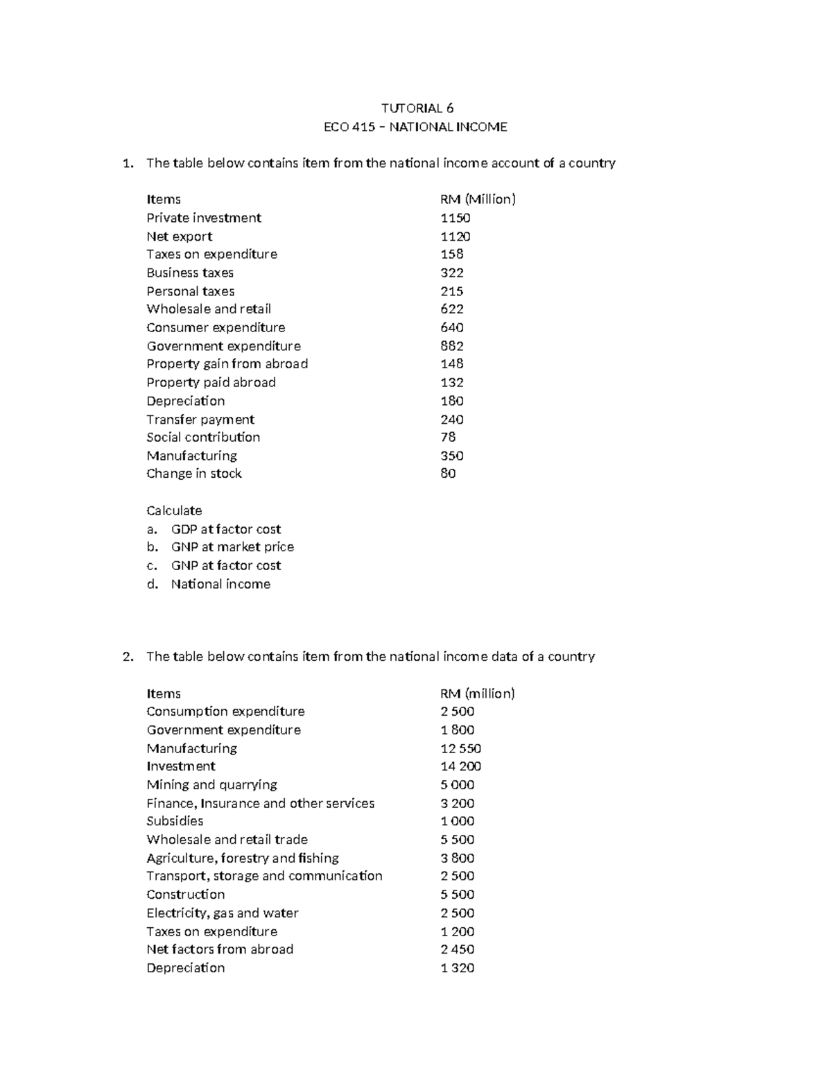 Totorial 6 National Income - ECO 415 – NATIONAL INCOME The table below ...