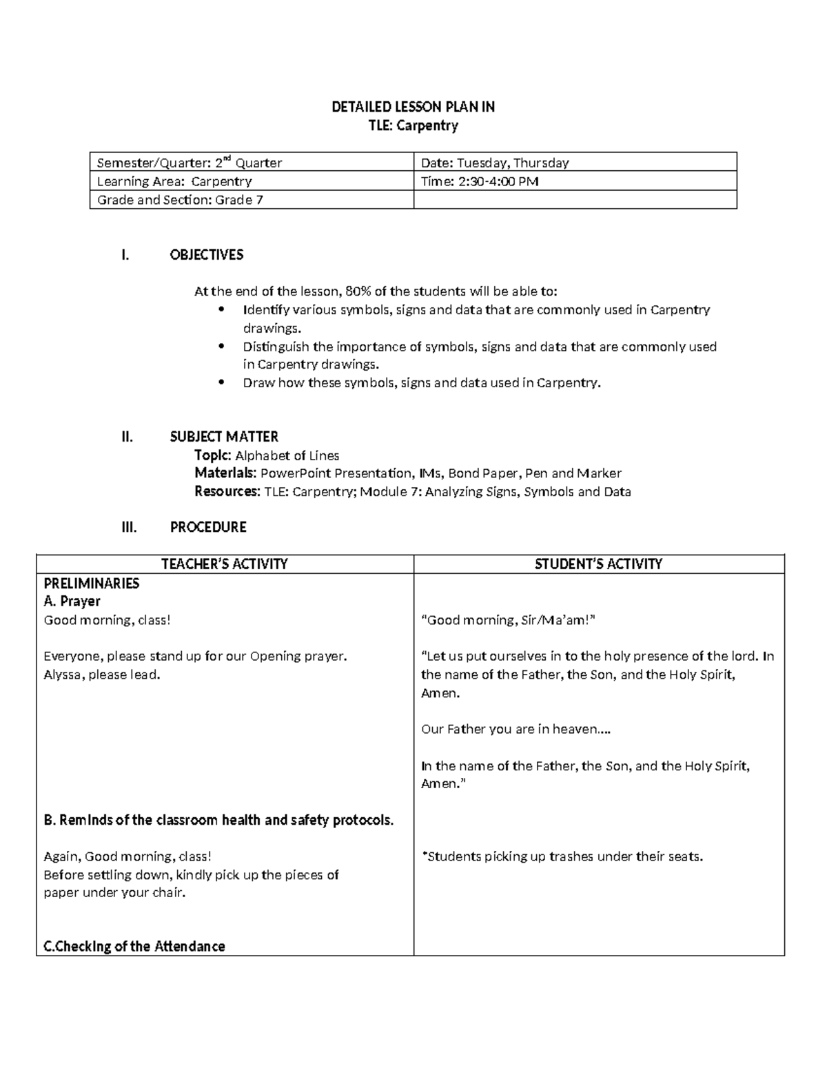 Technology-for-teaching - DETAILED LESSON PLAN IN TLE: Carpentry ...