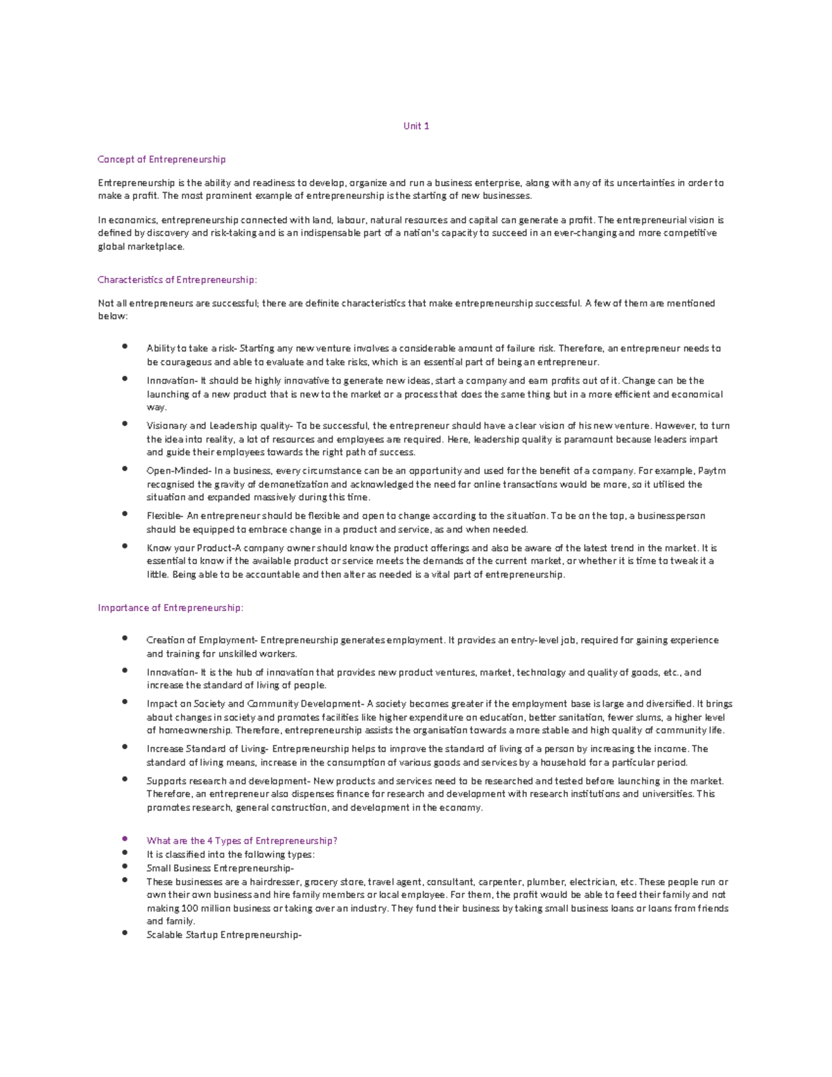 Ed unit 1 - Good knowledge - Unit 1 Concept of Entrepreneurship ...
