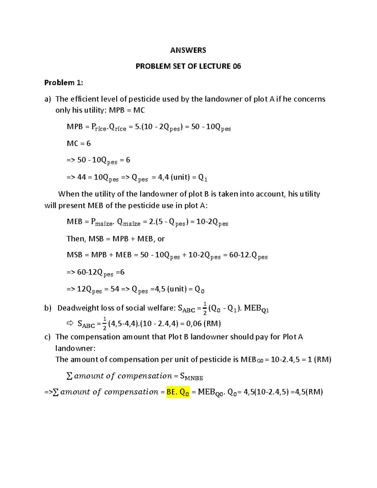 Answer Sheet. Problem set Lecture 06 - ANSWERS PROBLEM SET OF LECTURE ...