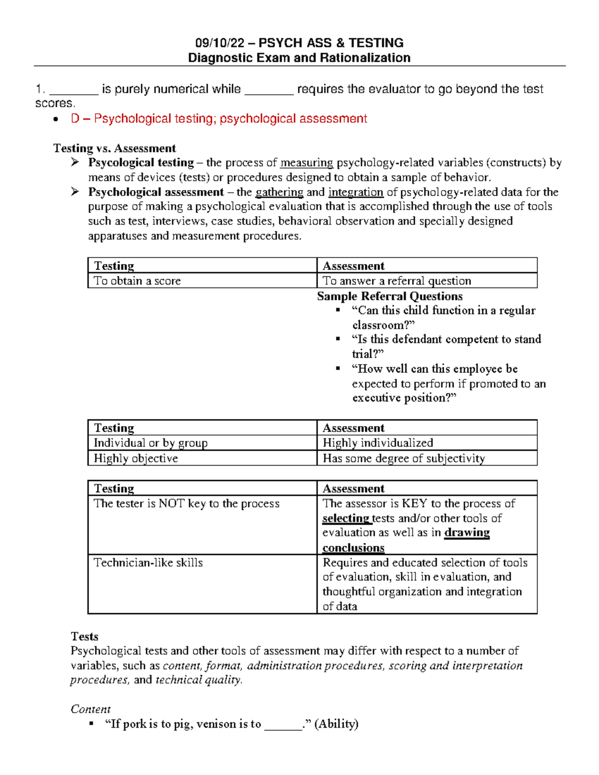 Psychological Assessment 50 Items Diagnostic Exam Questions Answers 