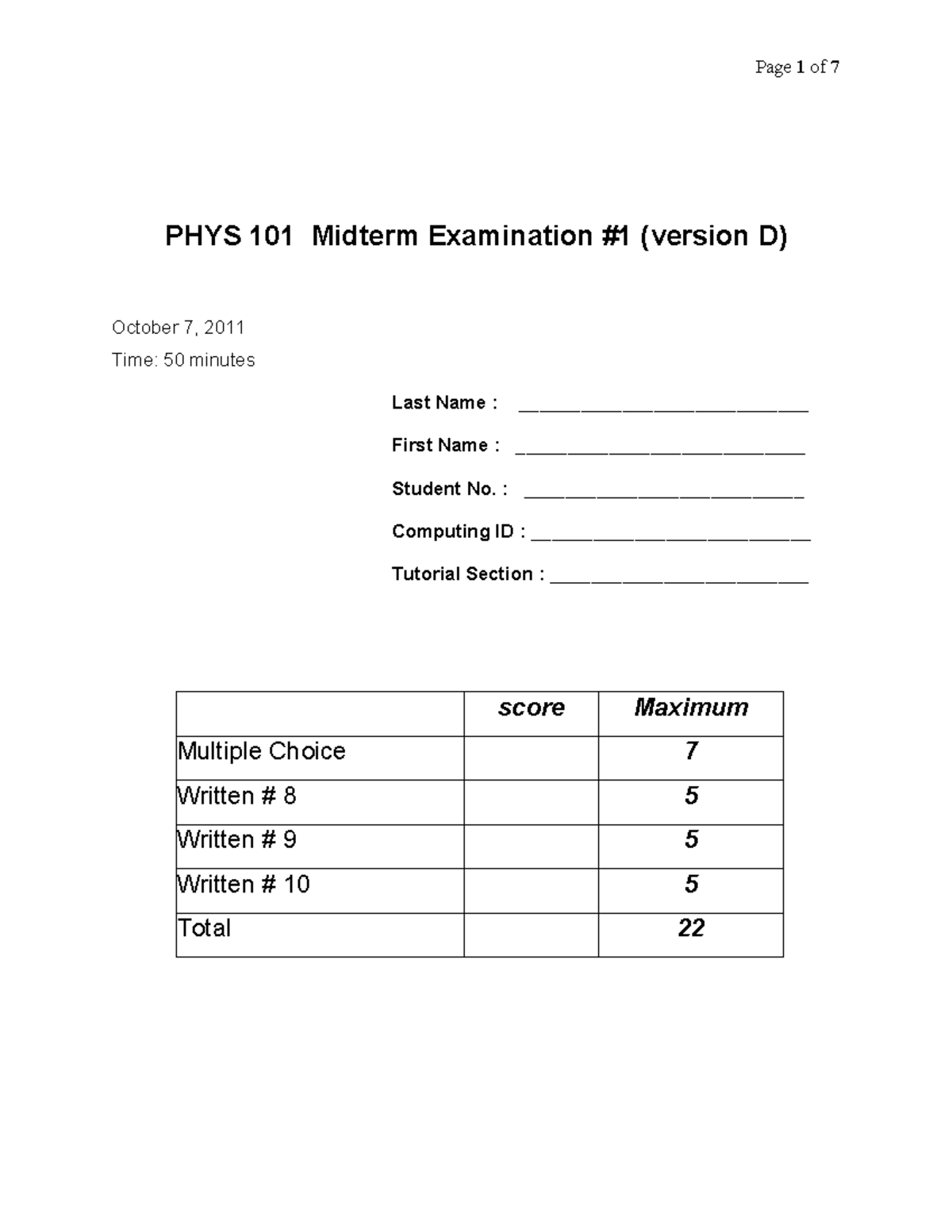 Midterm 1D2011 Fall - PHYS 101 Midterm Examination #1 (version D ...