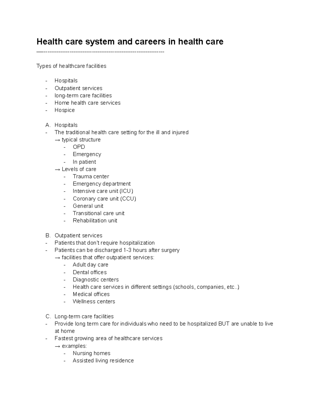 Intro to H - notes for the first 4 lecture - Health care system and ...