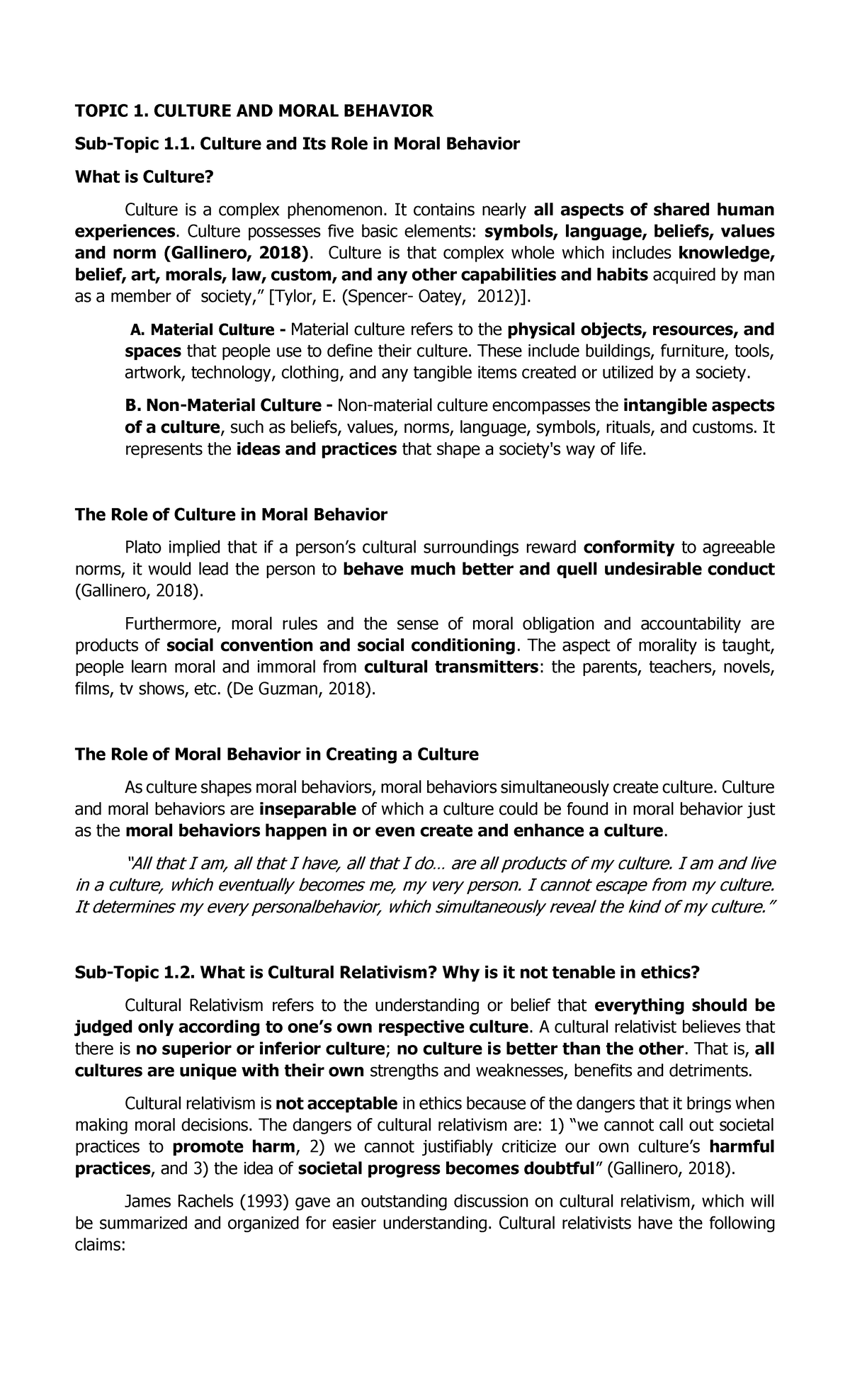 Culture AND Moral Behavior & Universal Values - TOPIC 1. CULTURE AND ...
