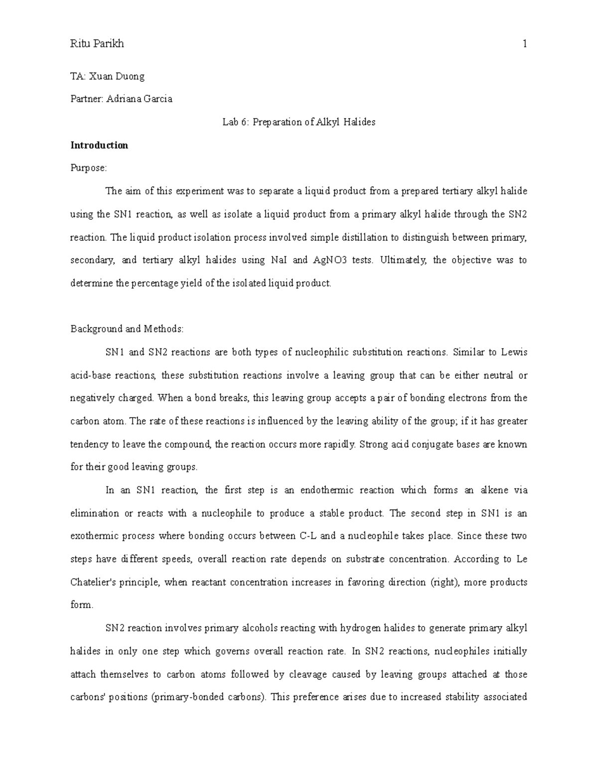 Lab 6: Preparation of Alkyl Halides - TA: Xuan Duong Partner: Adriana ...