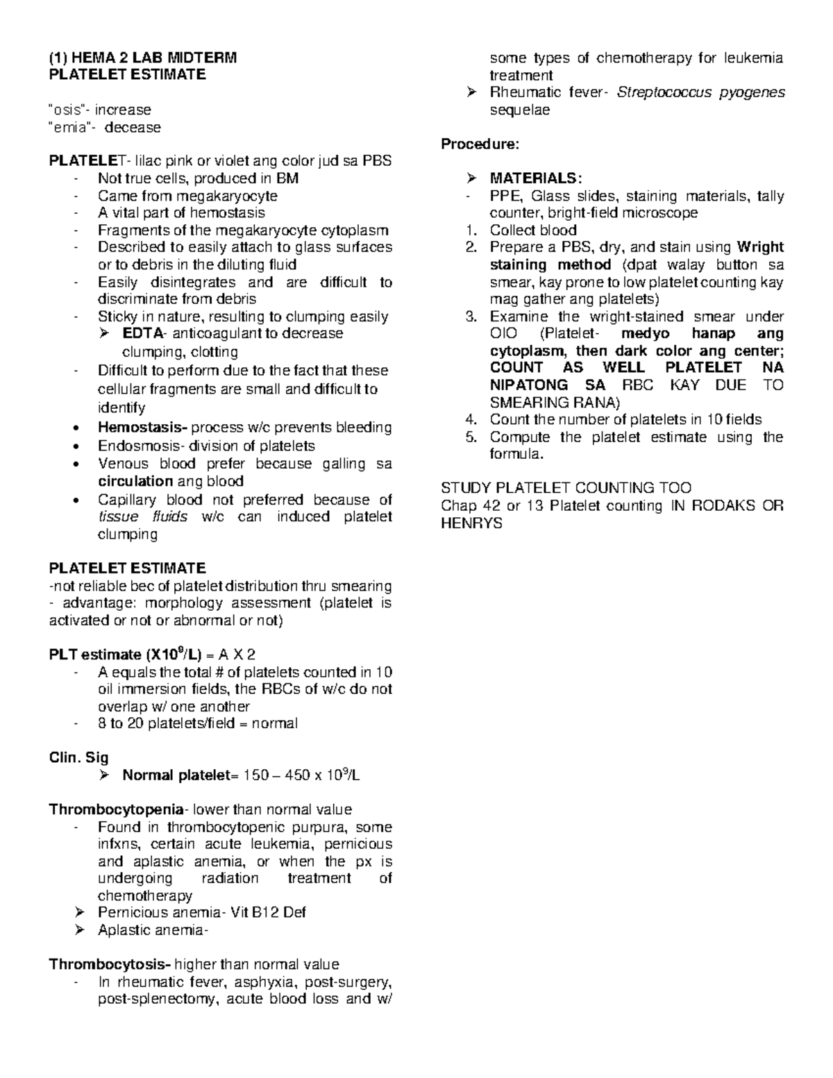 Final EXAM HEMA LAB 1 - (1) HEMA 2 LAB MIDTERM PLATELET ESTIMATE “osis ...
