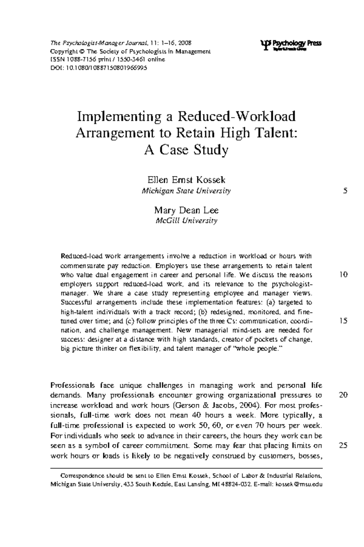 Kossek,+E.+&+Lee,+M - The Psychologist-Manager Journal, 11: 1–16, 2008 ...