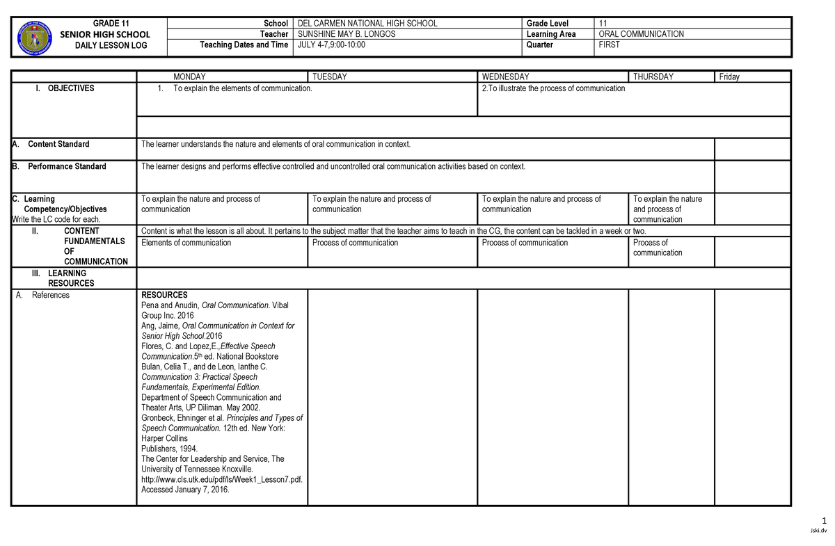DLL ALL ORAL COMM - Oral Communication DLL - 1 GRADE 11 SENIOR HIGH ...