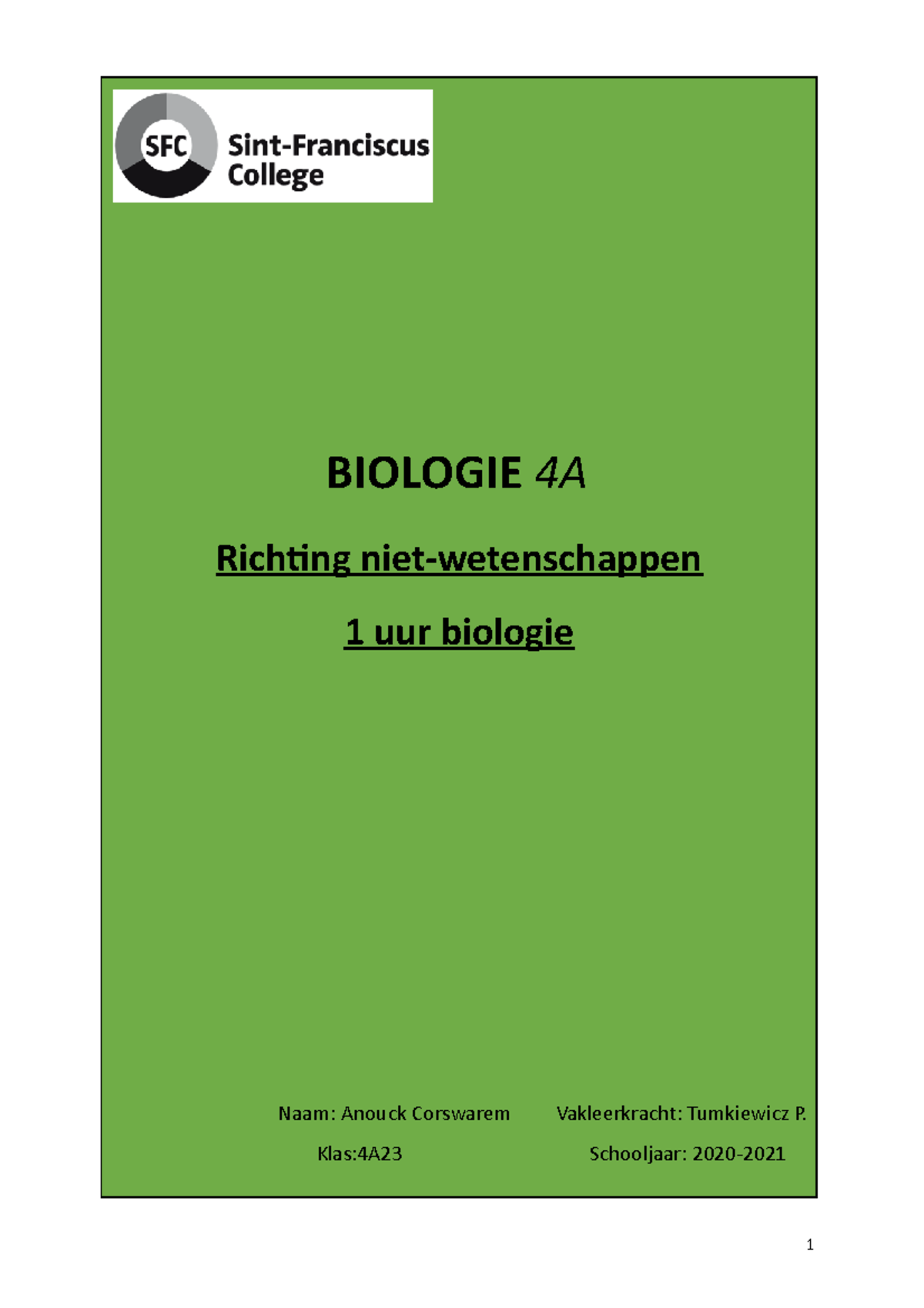 Bio Cursus 4A 1u Niet-wetenschappen 20-21 - BIOLOGIE 4A Richting Niet ...