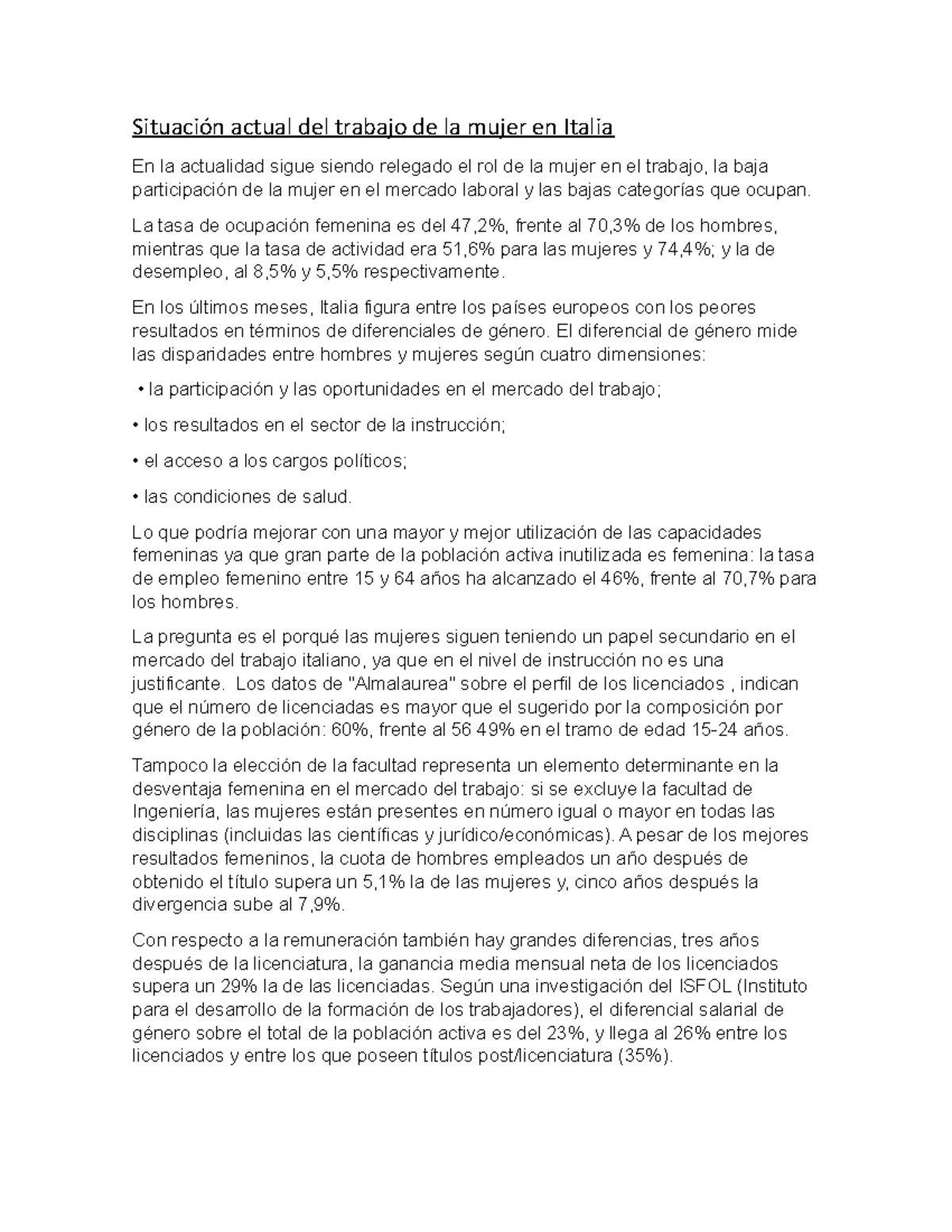 Situación actual del trabajo de la mujer en Italia - La tasa de ...
