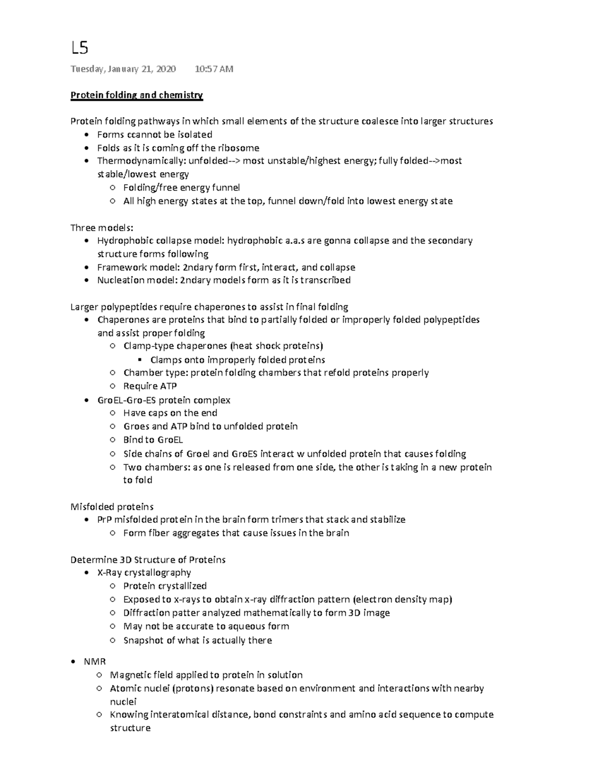 Biochem lec5 typed - section 1 - Protein folding and chemistry Protein ...