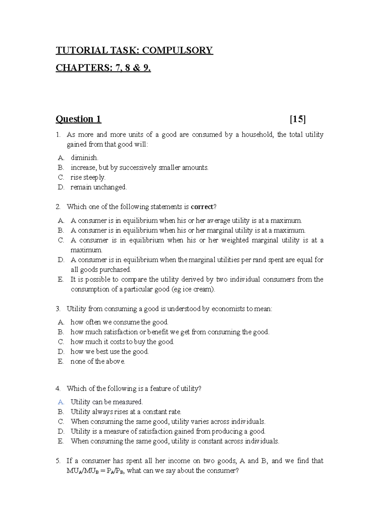 Micro Economics - Marginal Utility - TUTORIAL TASK: COMPULSORY CHAPTERS ...