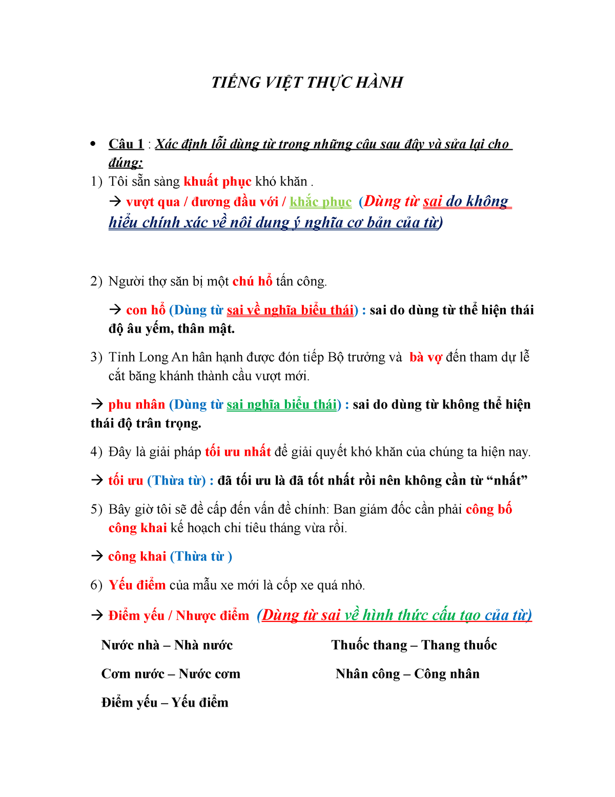 TVTH Sửa lỗi dùng từ Ôn tập tiếng việt thực hành TIẾNG VIỆT THỰC HÀNH Câu Xác định lỗi