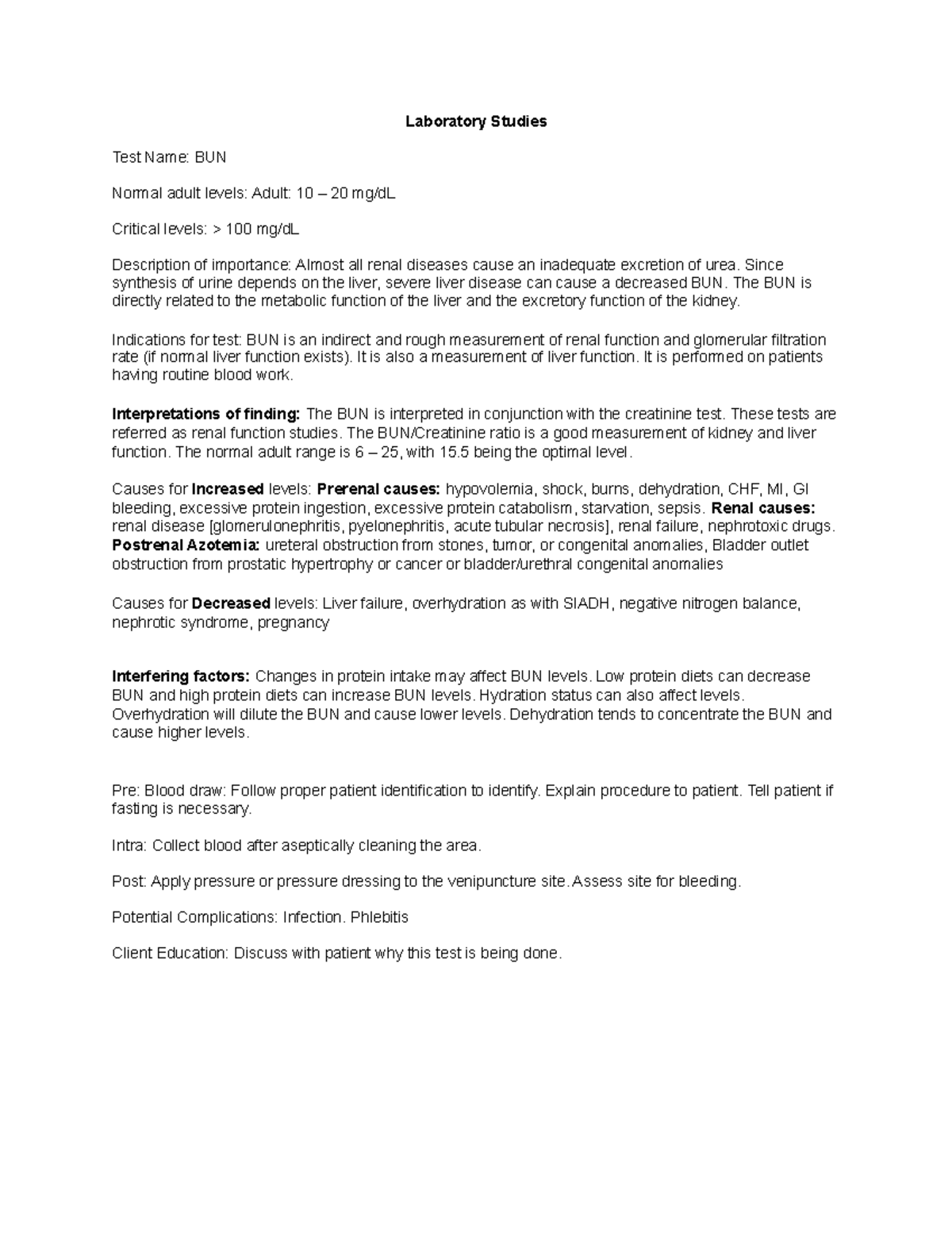 BUN Creatinine GFR Creatinine Clearance Laboratory Studies Test