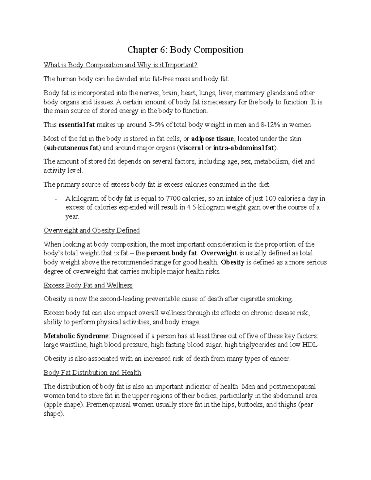 Chapter 6 Self Written Notes Chapter 6 Body Composition What Is Body