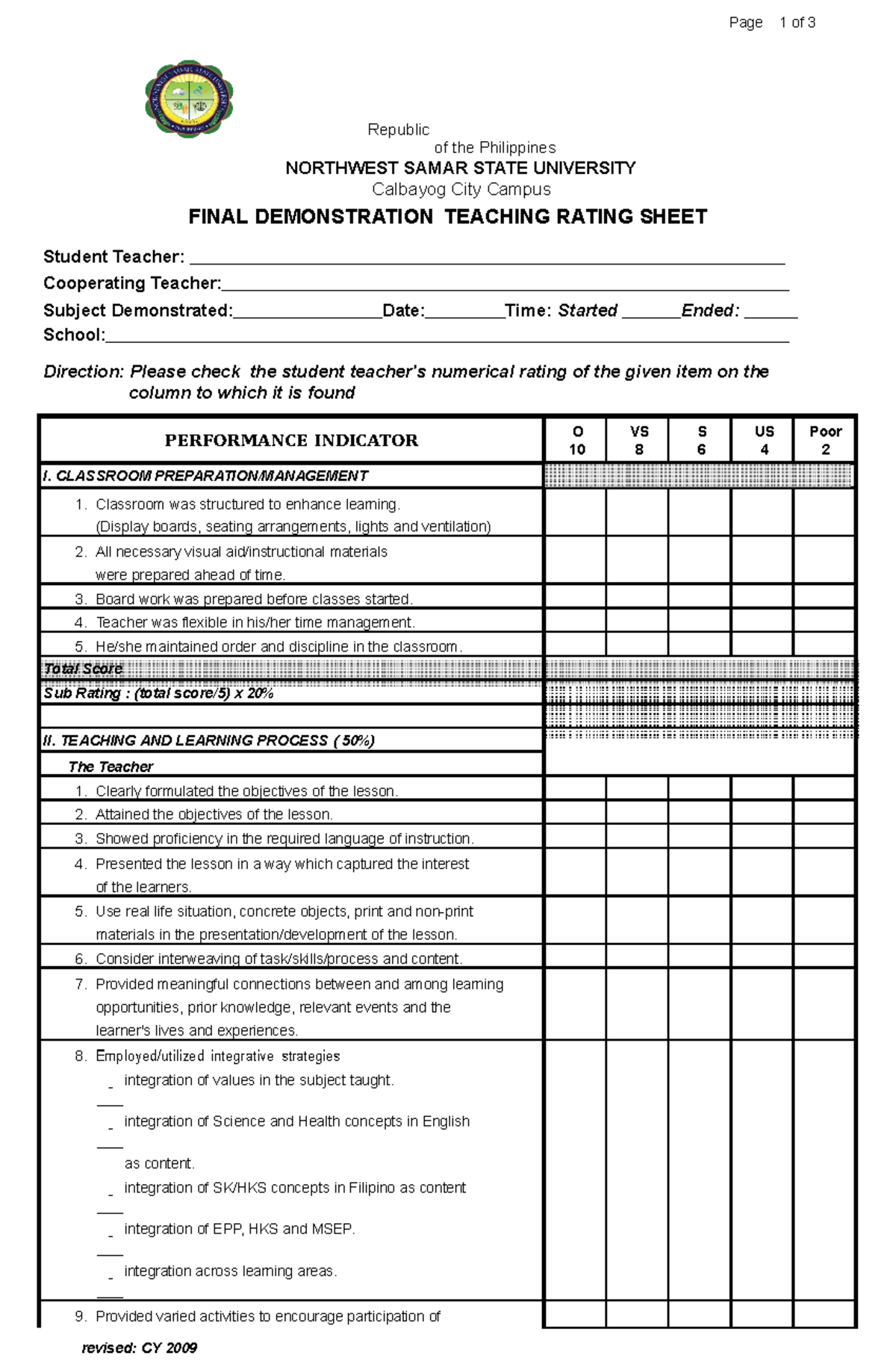 Rating Sheet Final Demo Teaching Page 1 Of 3 Revised CY 2009