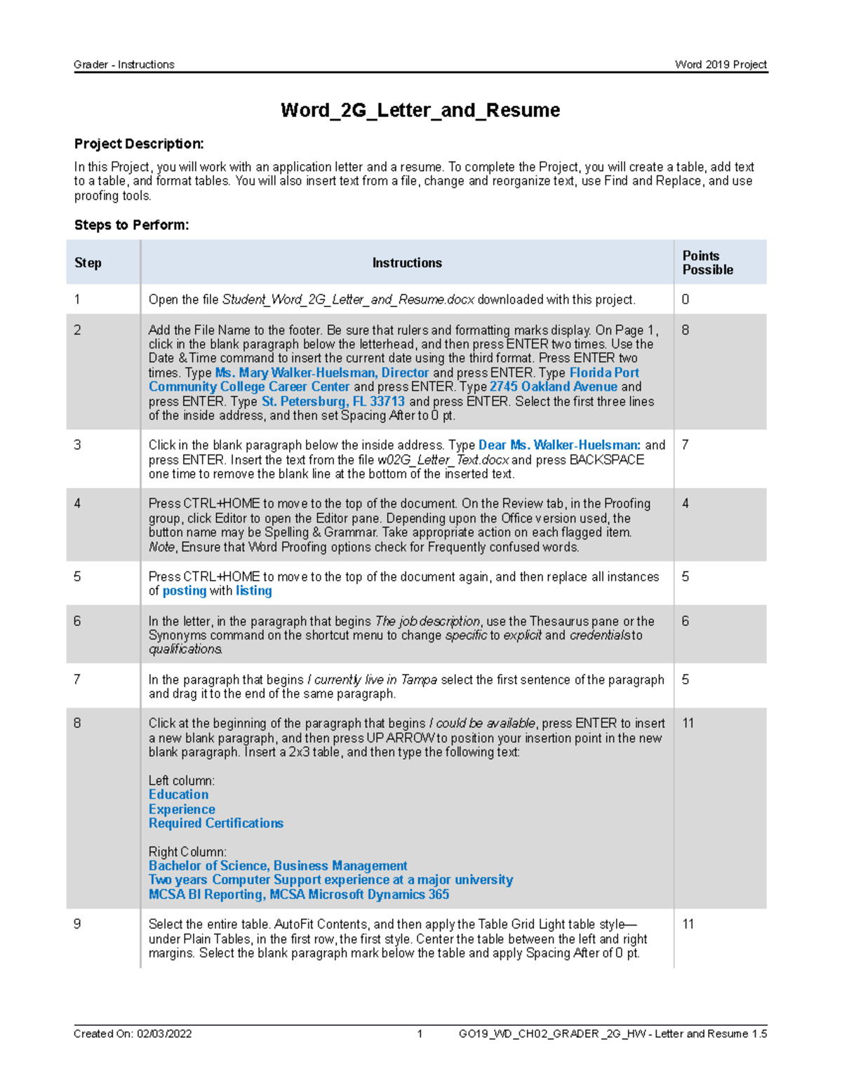 Word 2G Letter and Resume Instructions (1) - Grader - Instructions Word ...