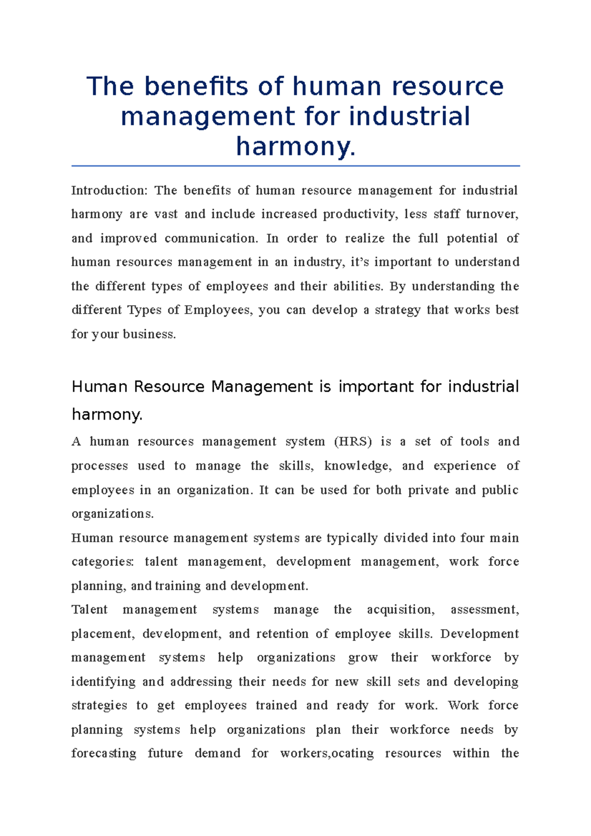 The benefits of human resource management for industrial harmony