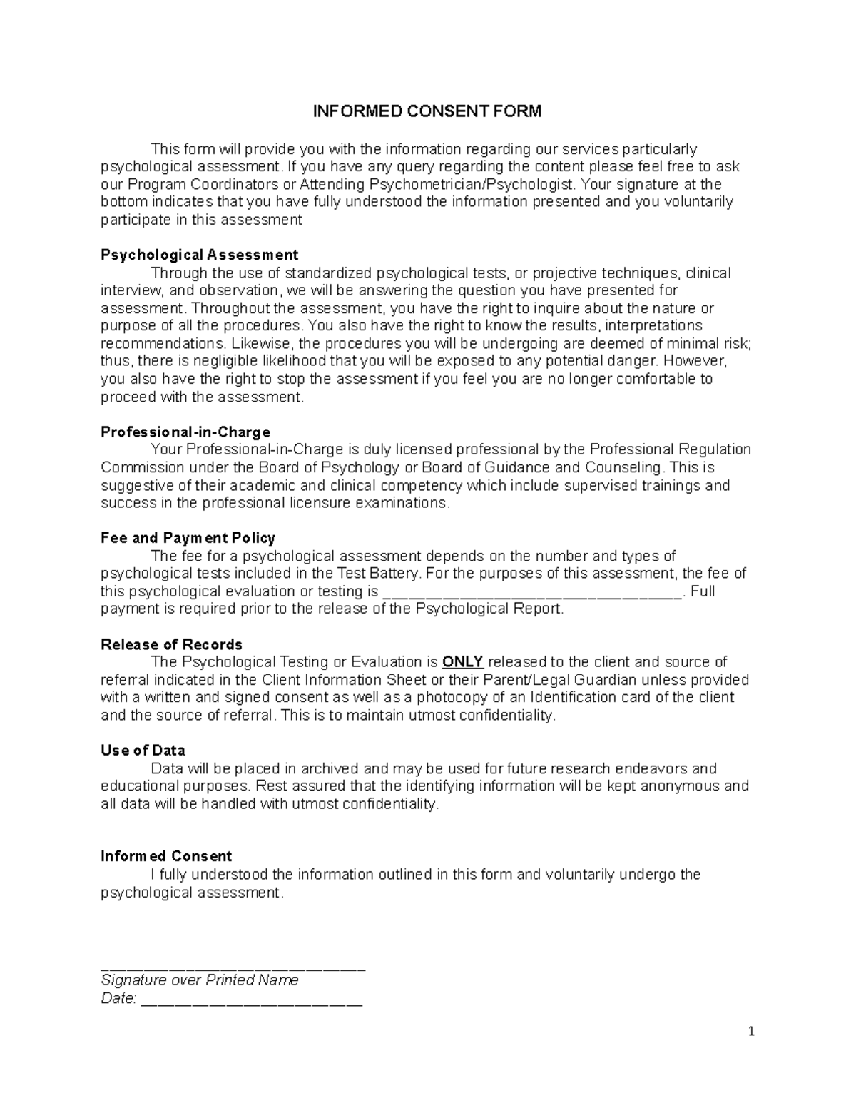 Sample Informed Consent Form For Assessment INFORMED CONSENT FORM 