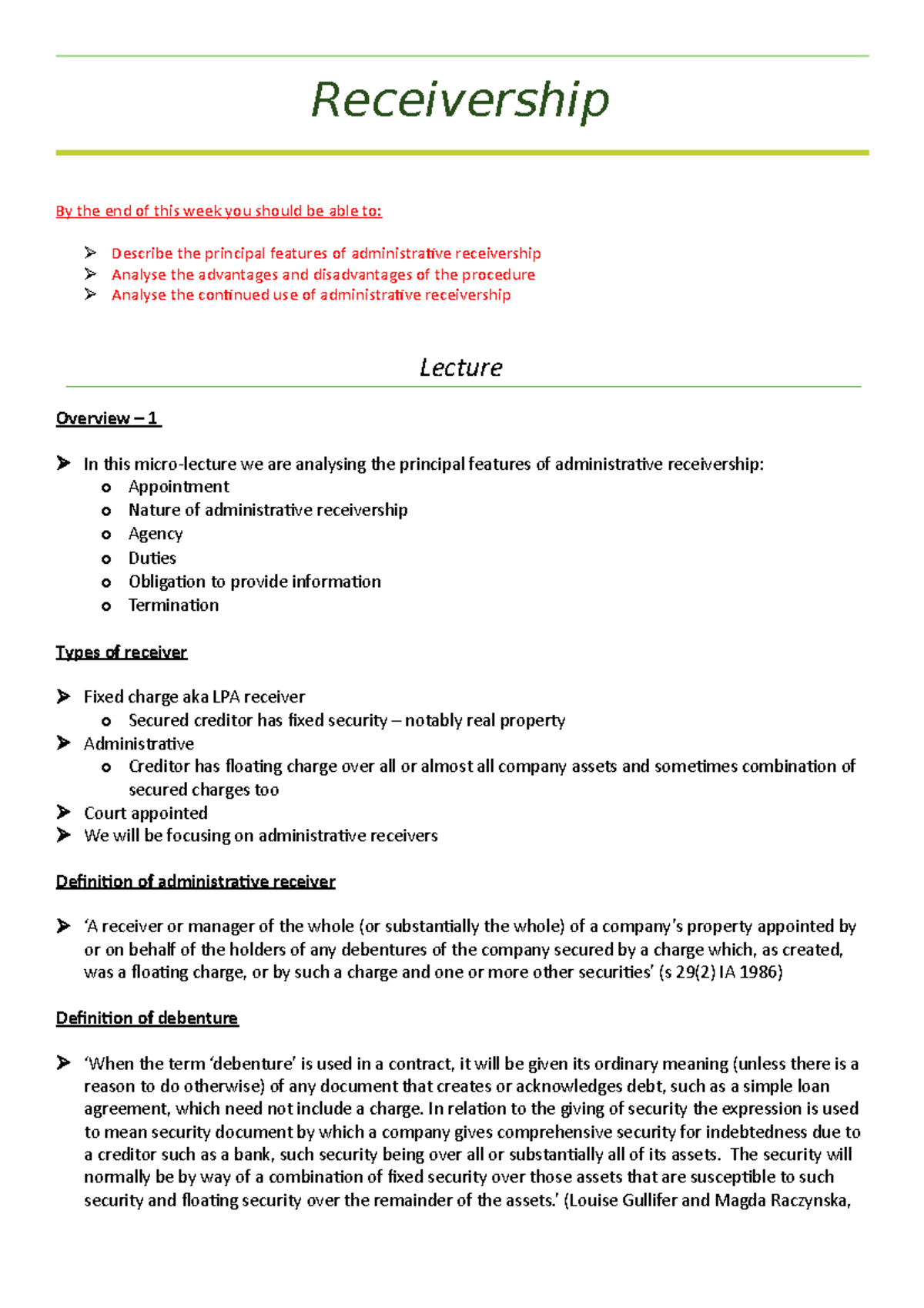 4. Receivership Lecture notes 4 Receivership By the end of this