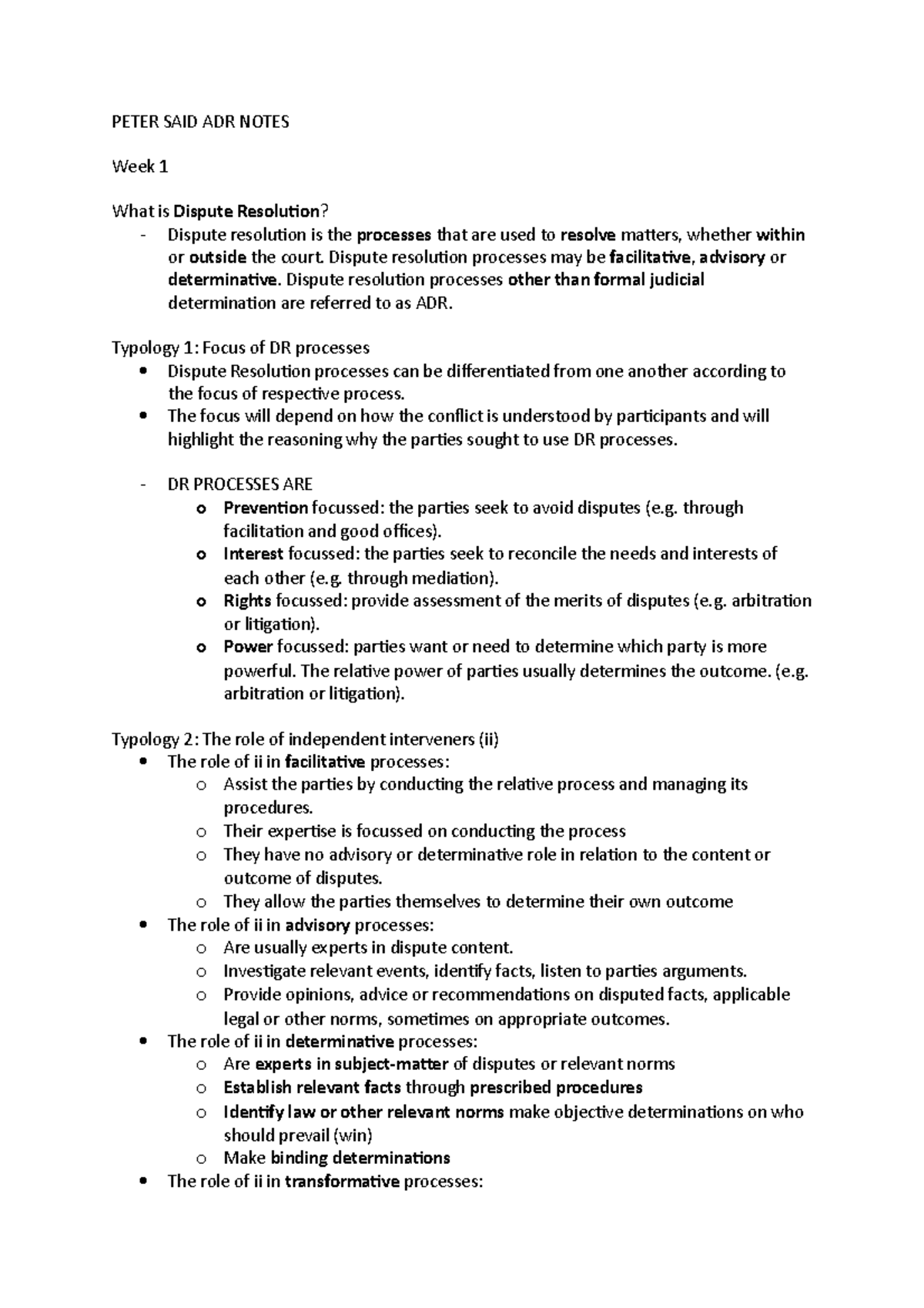 ADR- Notes - PETER SAID ADR NOTES Week 1 What is Dispute Resolution ...