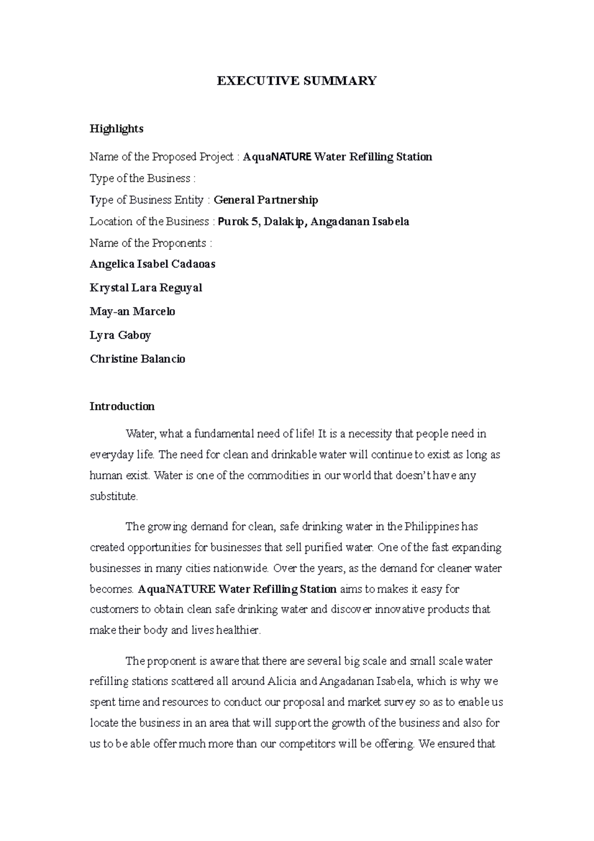 Aqua Nature Water Refilling Station EXECUTIVE SUMMARY Highlights Name