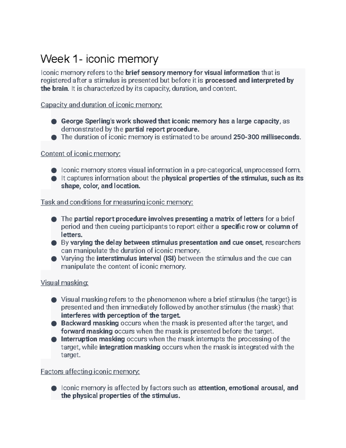 PSYC327 MID SEM Notes - Week 1- iconic memory Iconic memory refers to ...