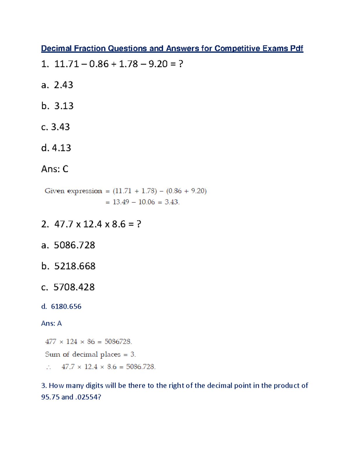 Decimal fraction questions competitive exams - Decimal Fraction ...