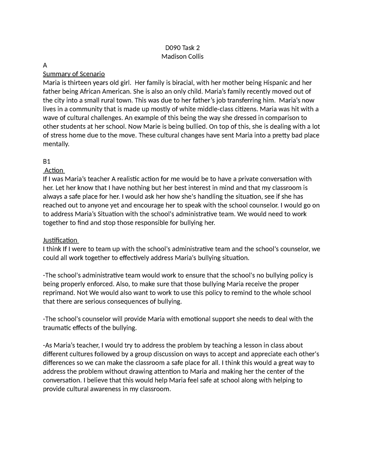 D090 Task 2 - Passed - D090 Task 2 Madison Collis A Summary Of Scenario ...