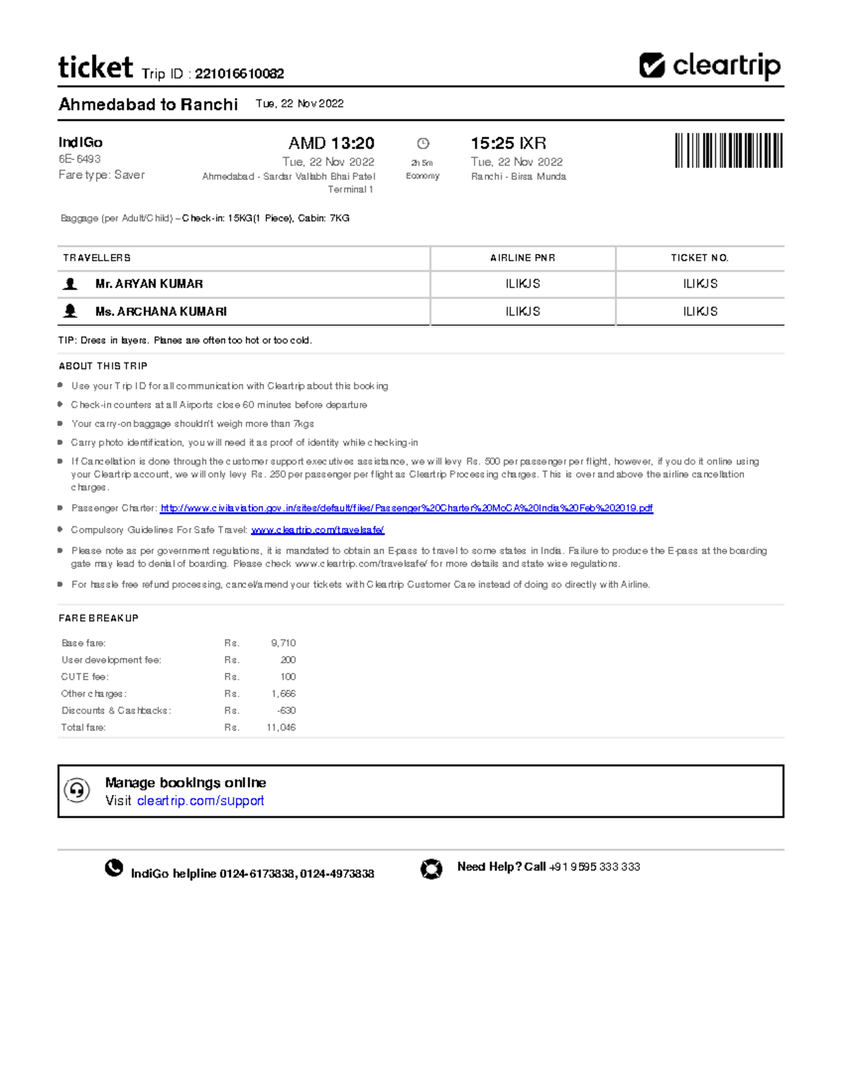 221016610082-eticket - Trip ID : 221016610082 Baggage (per Adult/Child ...