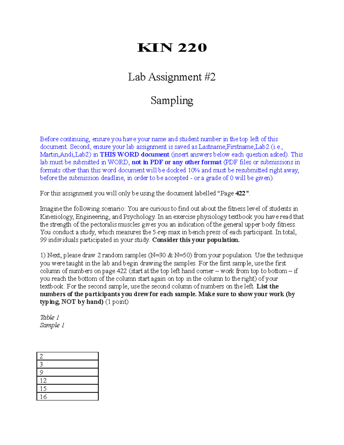 Kin 220 assignment 2 KIN 220 Lab Assignment Sampling Before