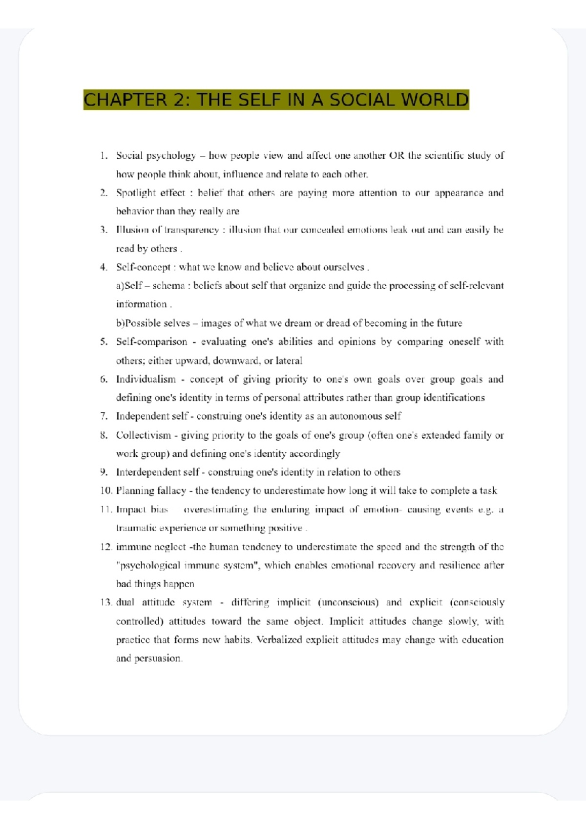 Chapter 2 terms - CHAPTER 2: THE SELF IN A SOCIAL WORLD 1. Social ...