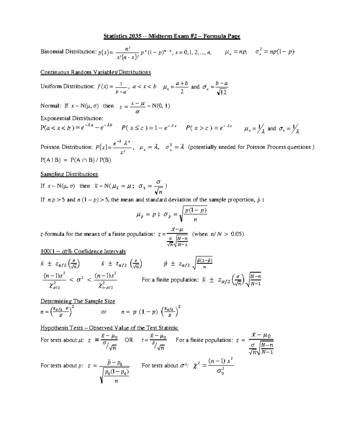 Formula for mid 2 - Statistics 2035 - Midterm Exam #2 – Formula Page ...